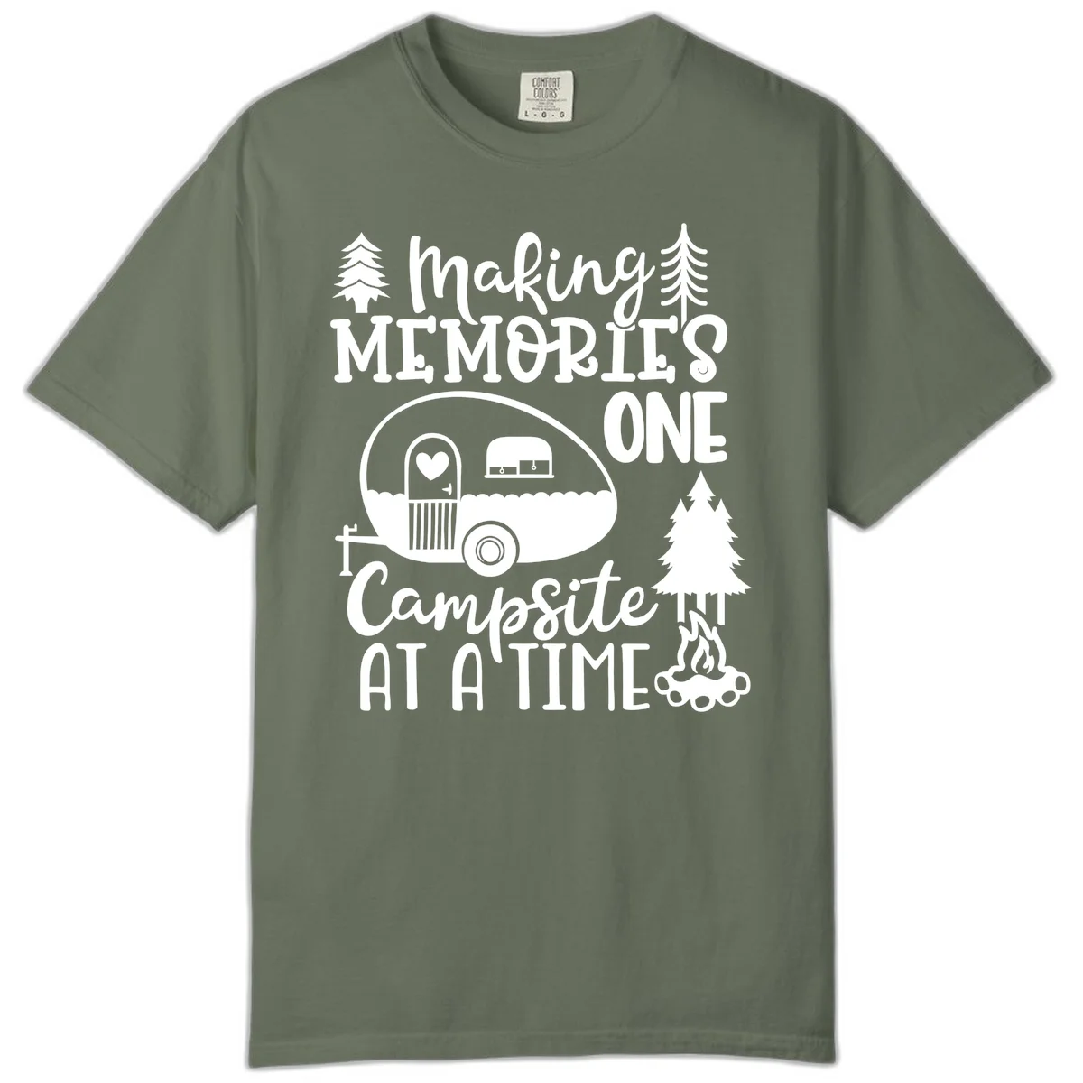 Vintage camper trailer surrounded by pine trees and campfire with 'Making Memories One Campsite At A Time' text in Moss
