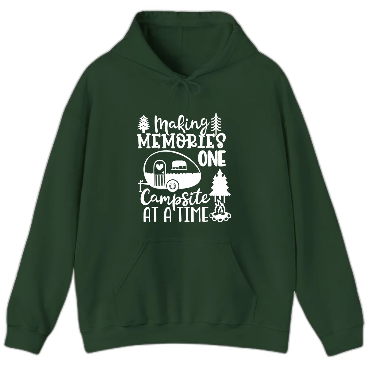 Vintage camper trailer surrounded by pine trees and campfire with 'Making Memories One Campsite At A Time' text in Forest Green