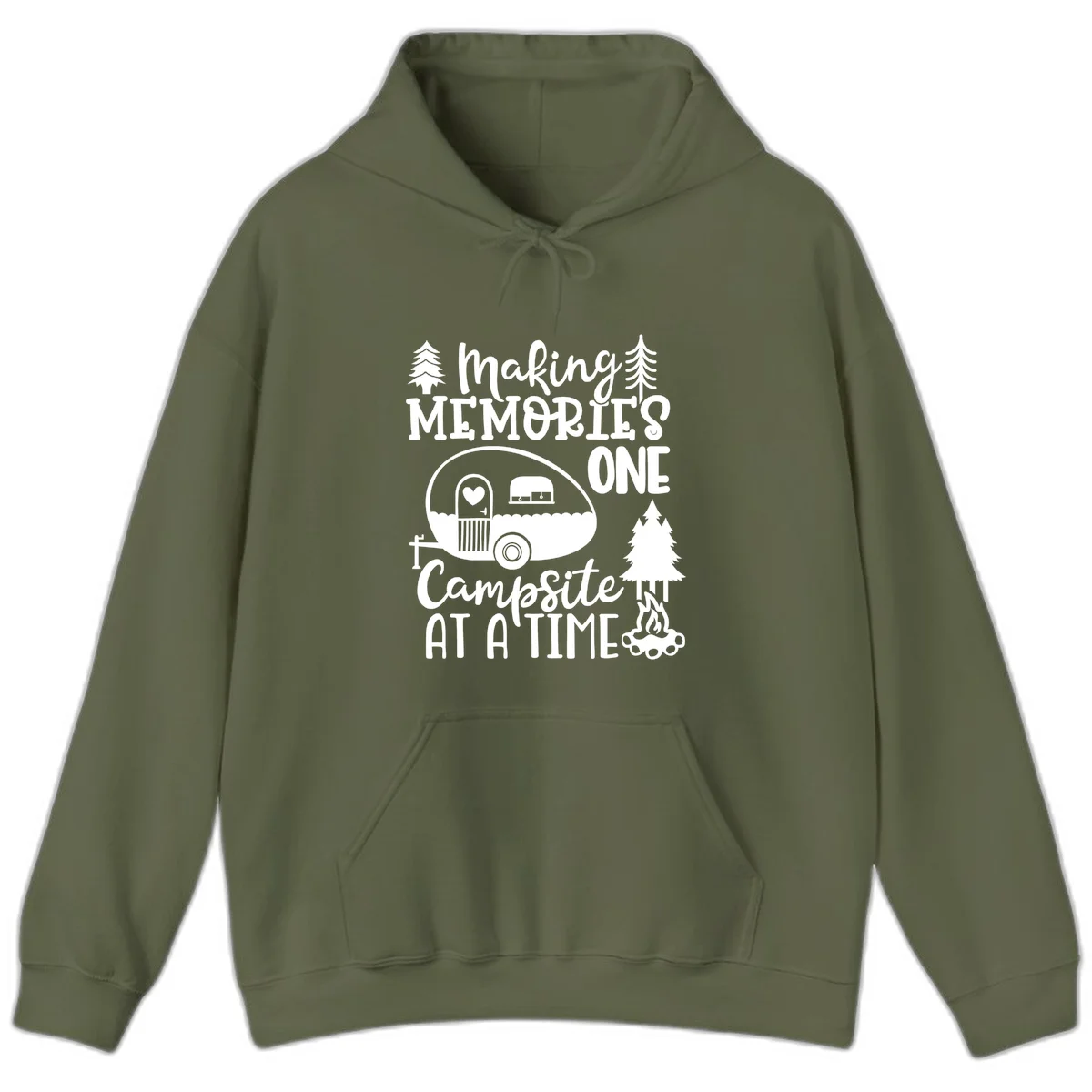 Vintage camper trailer surrounded by pine trees and campfire with 'Making Memories One Campsite At A Time' text in Military Green