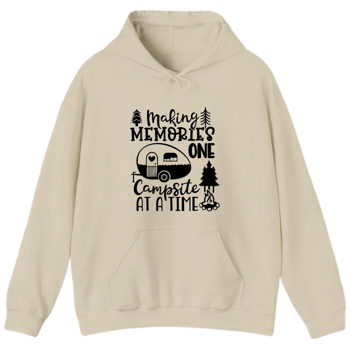 Vintage camper trailer surrounded by pine trees and campfire with 'Making Memories One Campsite At A Time' text in Sand