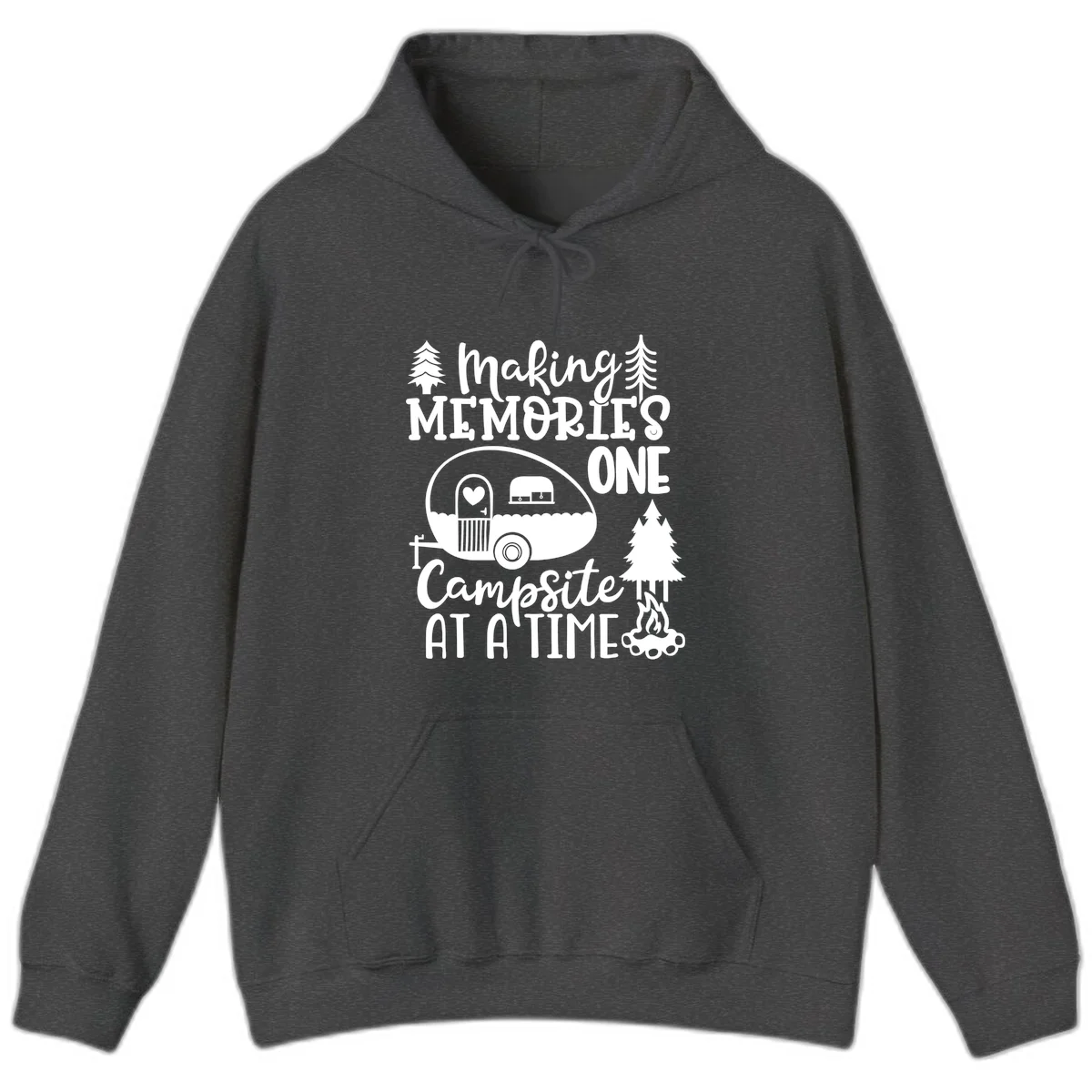 Vintage camper trailer surrounded by pine trees and campfire with 'Making Memories One Campsite At A Time' text in Dark Heather