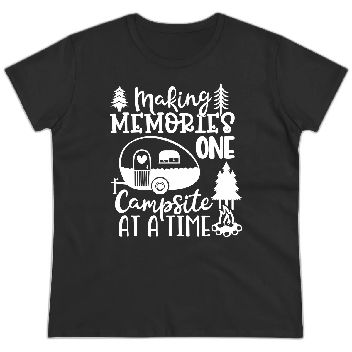 Vintage camper trailer surrounded by pine trees and campfire with 'Making Memories One Campsite At A Time' text in Black