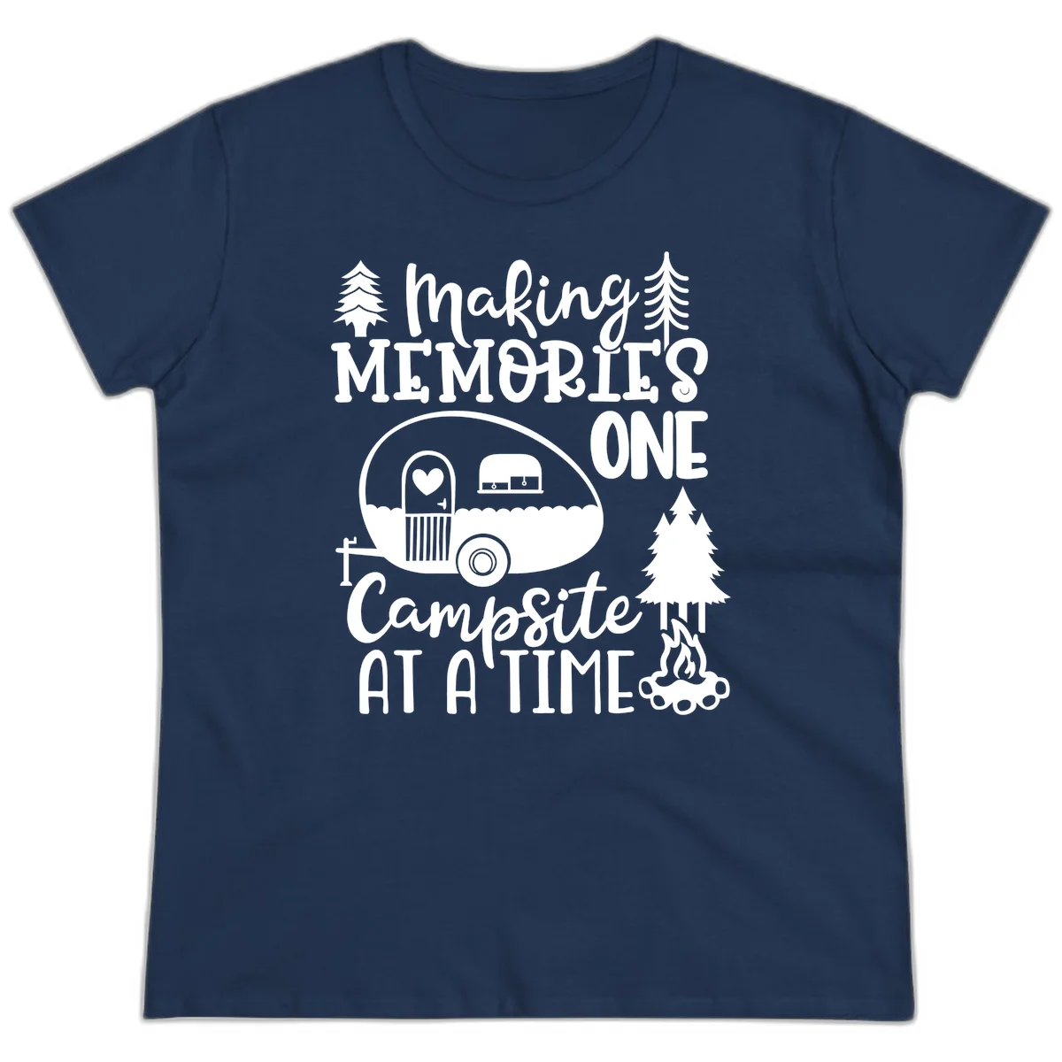 Vintage camper trailer surrounded by pine trees and campfire with 'Making Memories One Campsite At A Time' text in Navy