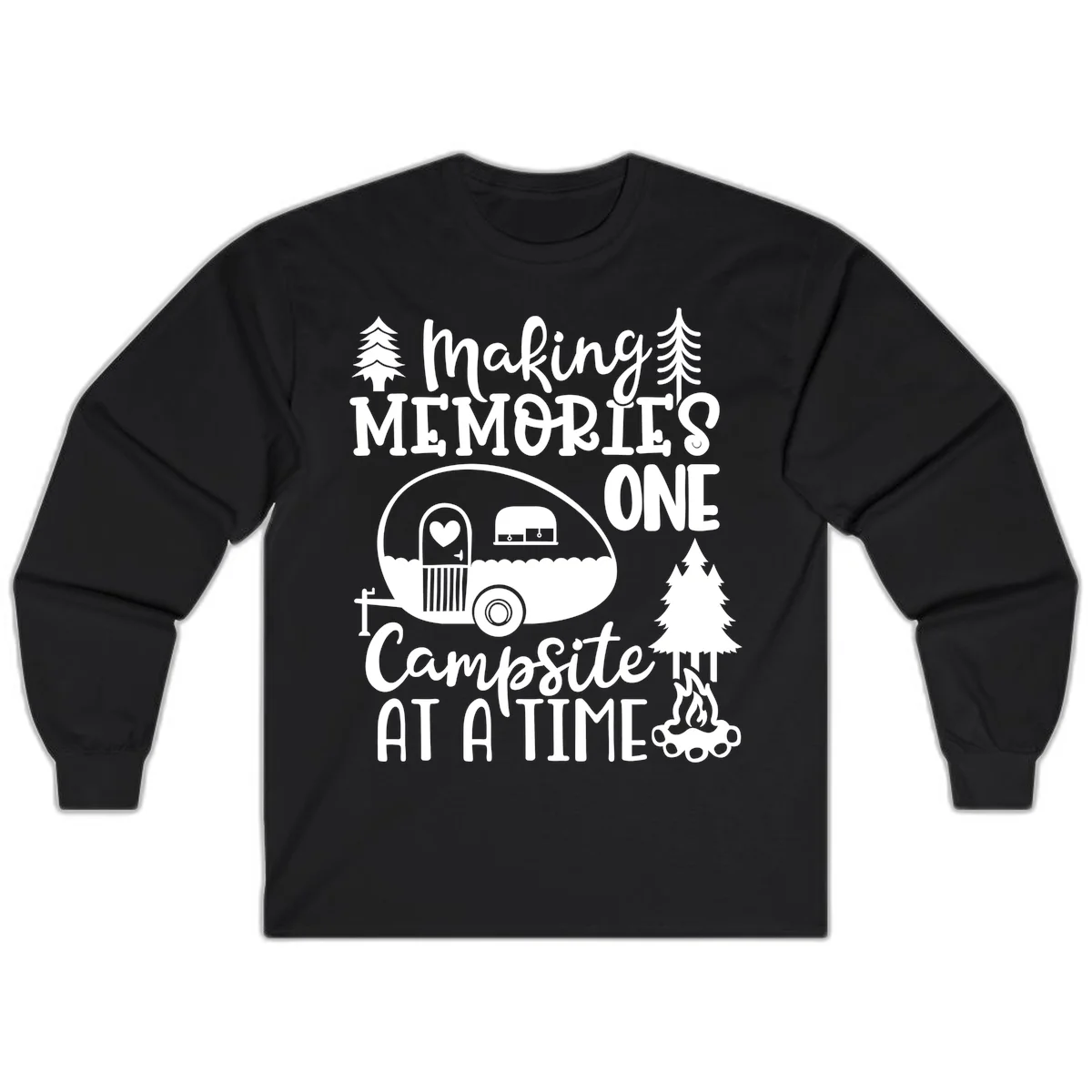 Vintage camper trailer surrounded by pine trees and campfire with 'Making Memories One Campsite At A Time' text in Black