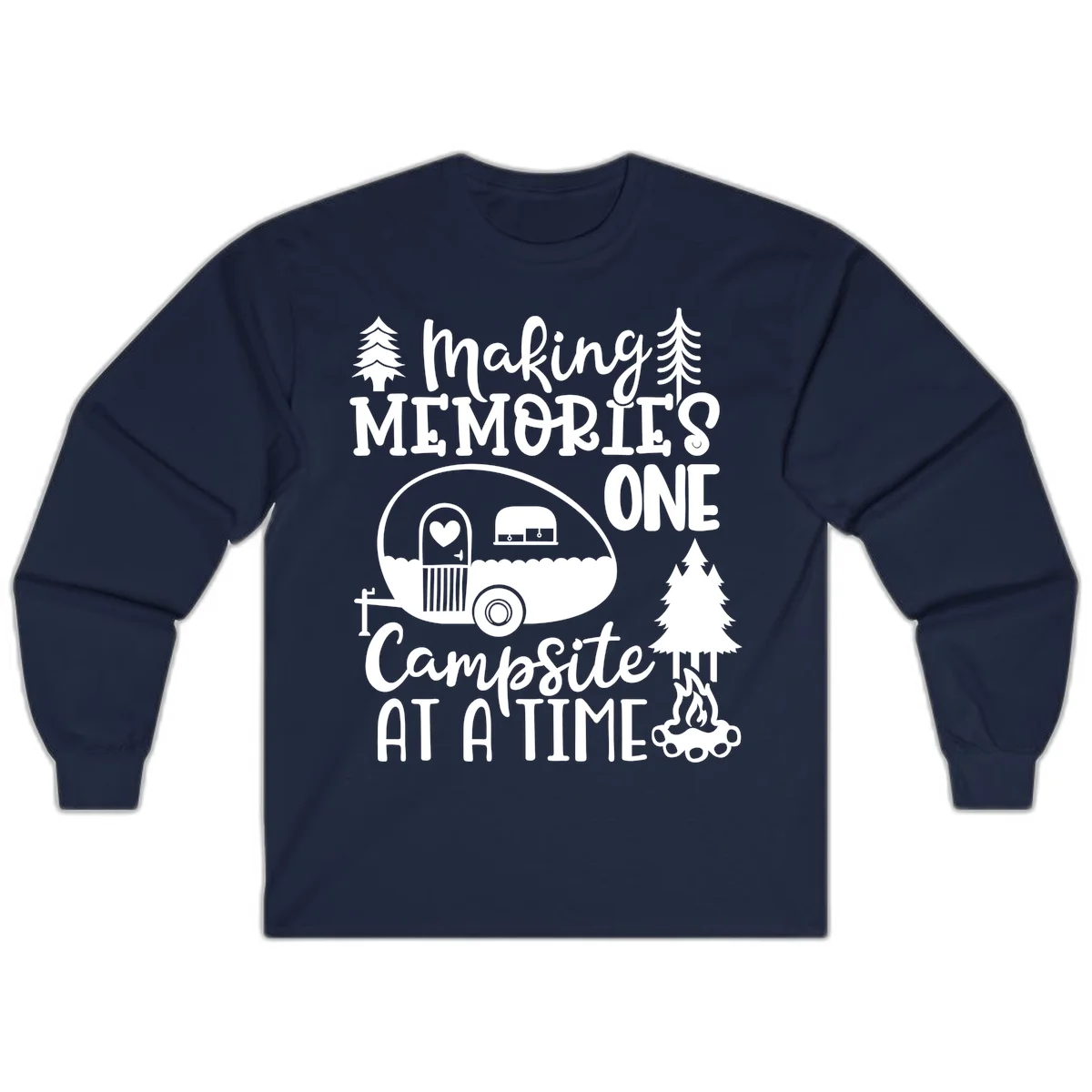 Vintage camper trailer surrounded by pine trees and campfire with 'Making Memories One Campsite At A Time' text in Navy