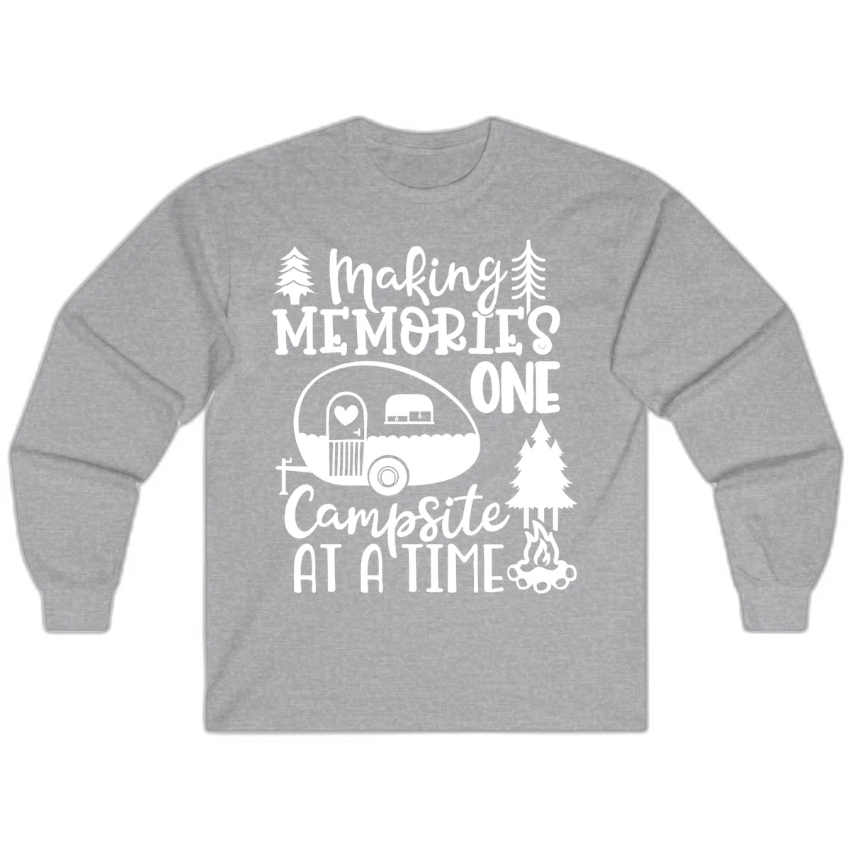 Vintage camper trailer surrounded by pine trees and campfire with 'Making Memories One Campsite At A Time' text in Sport Grey