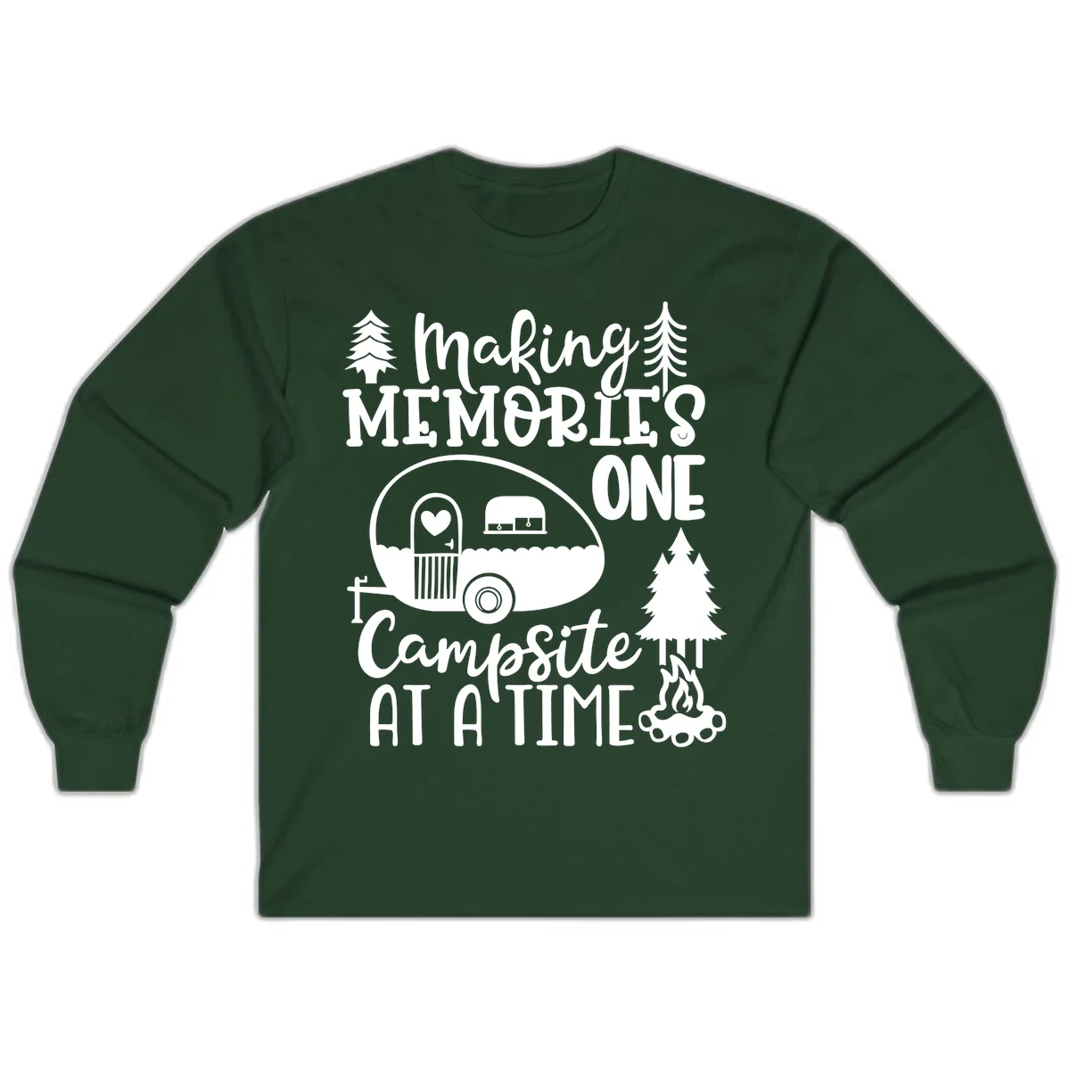 Vintage camper trailer surrounded by pine trees and campfire with 'Making Memories One Campsite At A Time' text in Forest Green