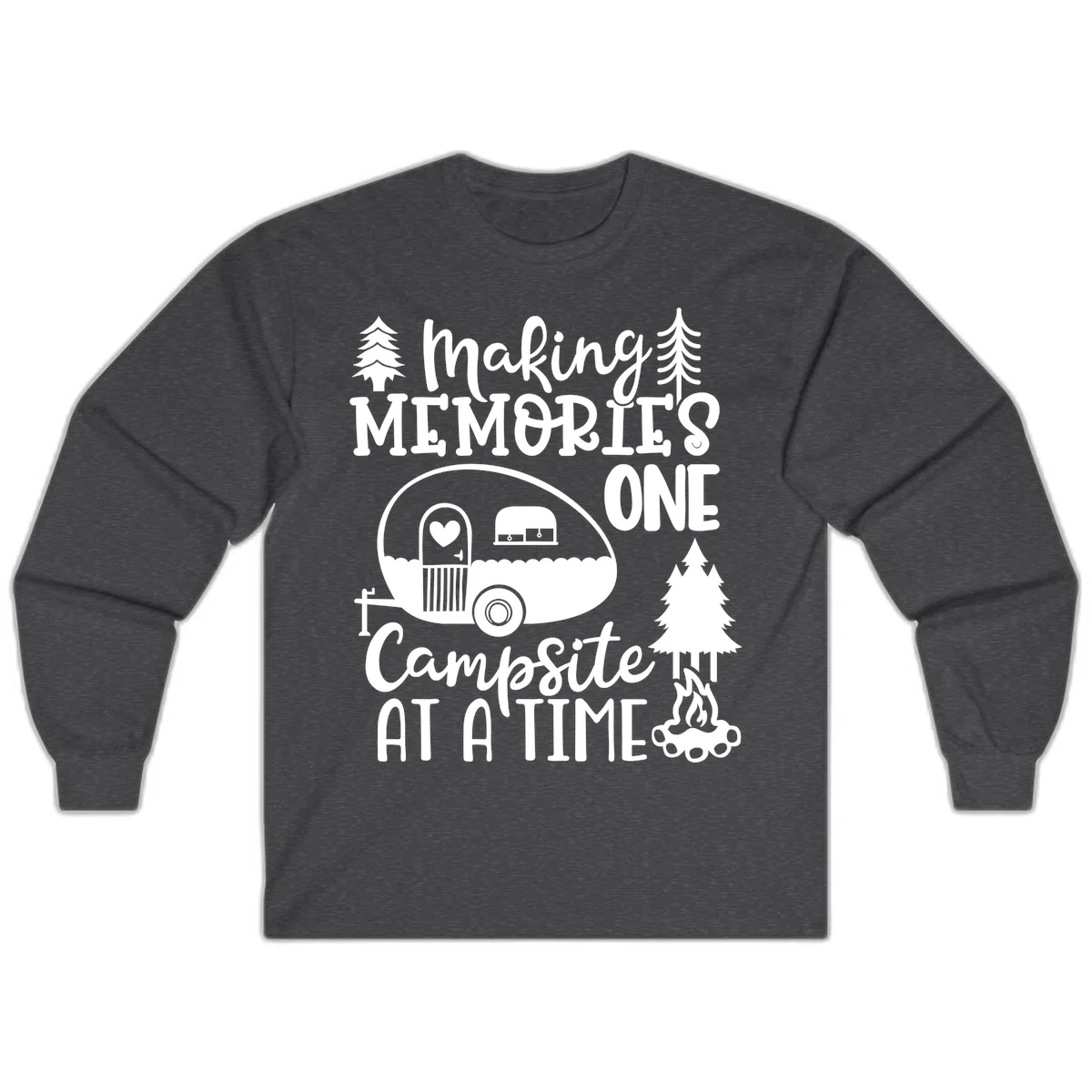 Vintage camper trailer surrounded by pine trees and campfire with 'Making Memories One Campsite At A Time' text in Dark Heather