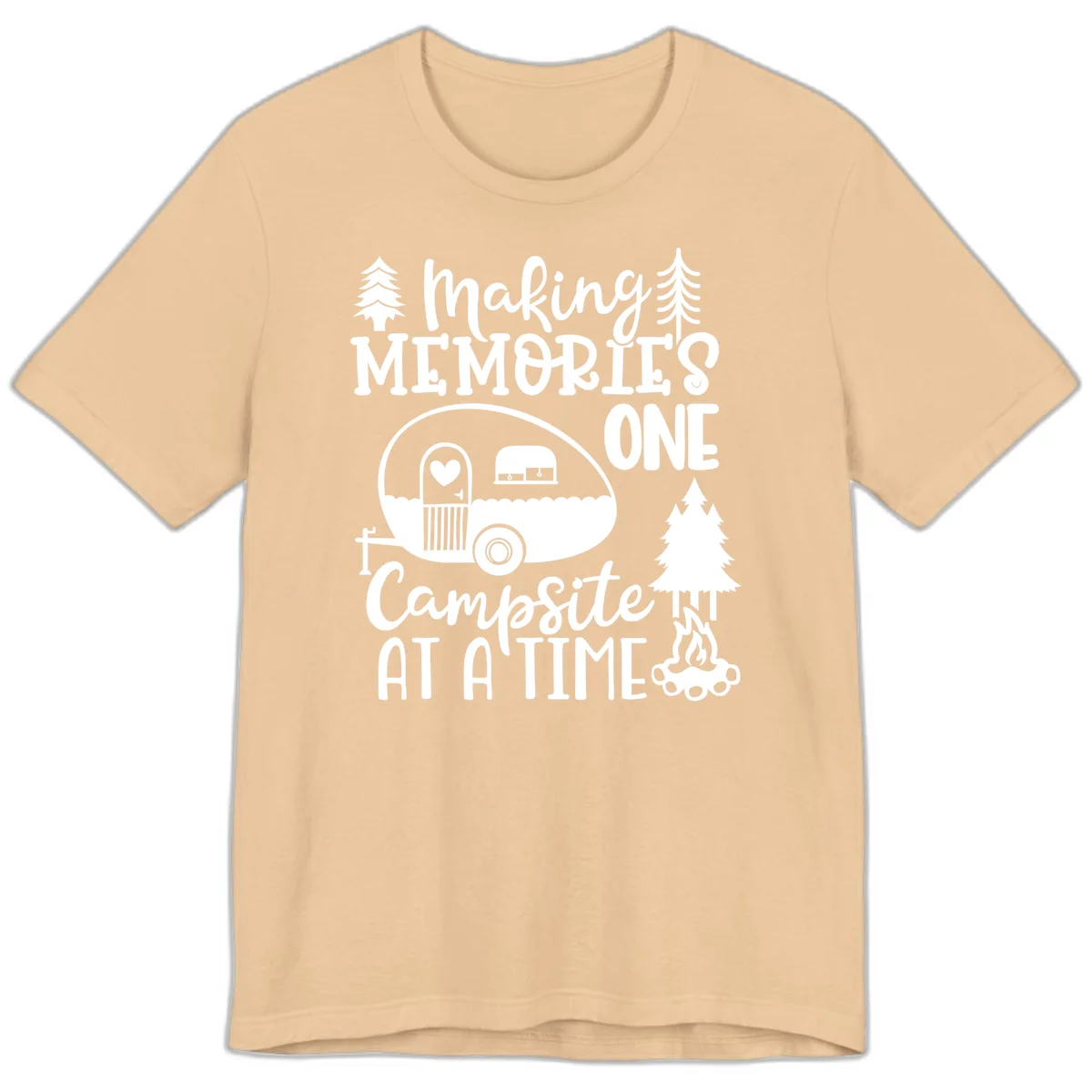 Vintage camper trailer surrounded by pine trees and campfire with 'Making Memories One Campsite At A Time' text in Sand Dune