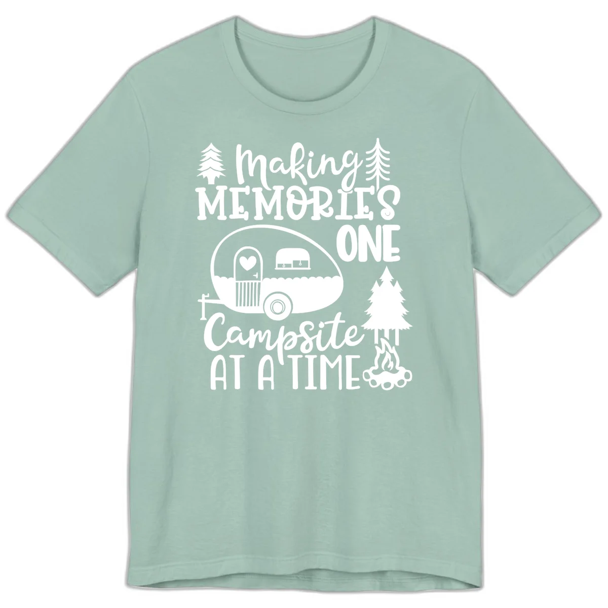 Vintage camper trailer surrounded by pine trees and campfire with 'Making Memories One Campsite At A Time' text in Dusty Blue