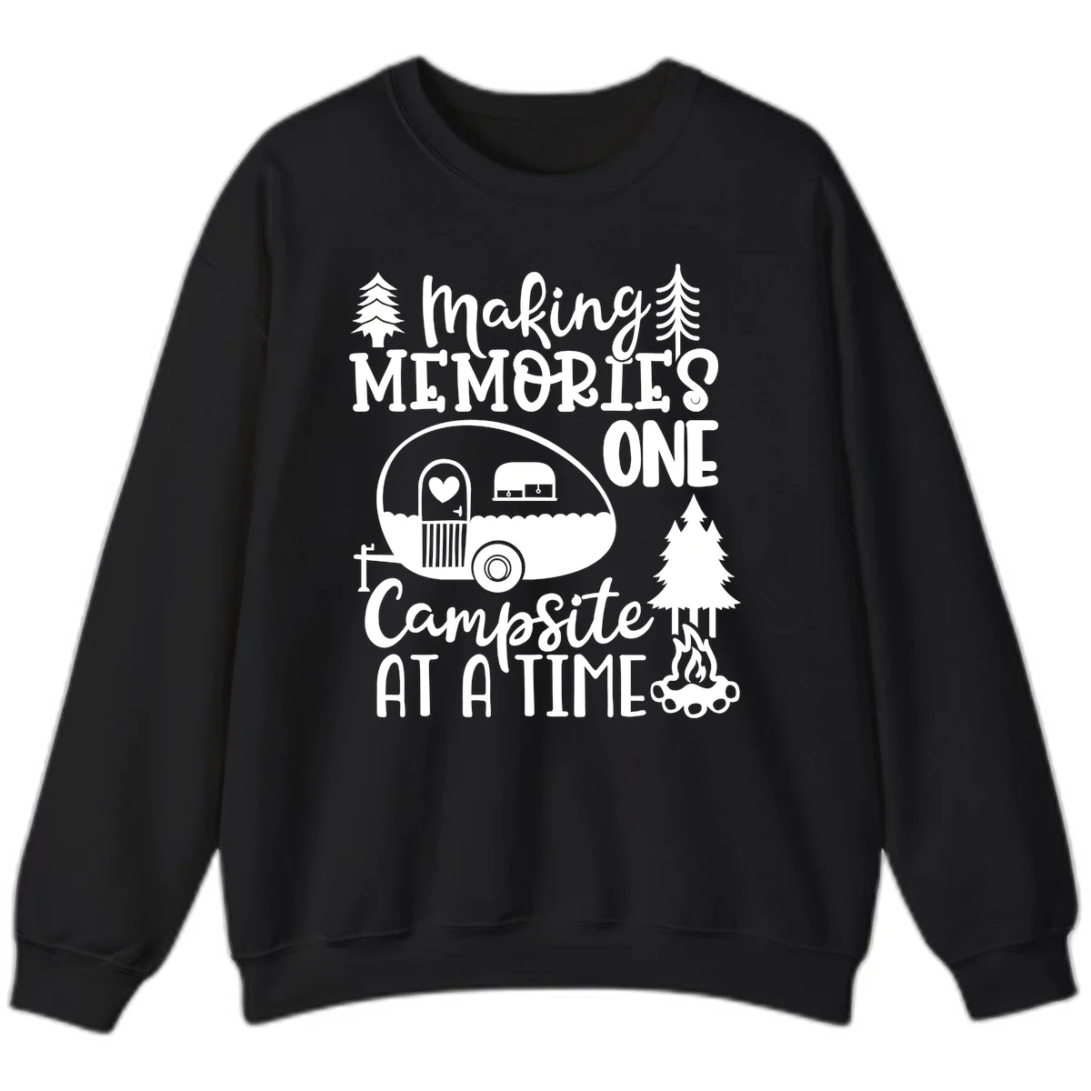 Vintage camper trailer surrounded by pine trees and campfire with 'Making Memories One Campsite At A Time' text in Black