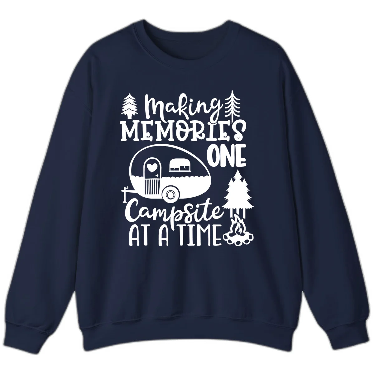 Vintage camper trailer surrounded by pine trees and campfire with 'Making Memories One Campsite At A Time' text in Navy