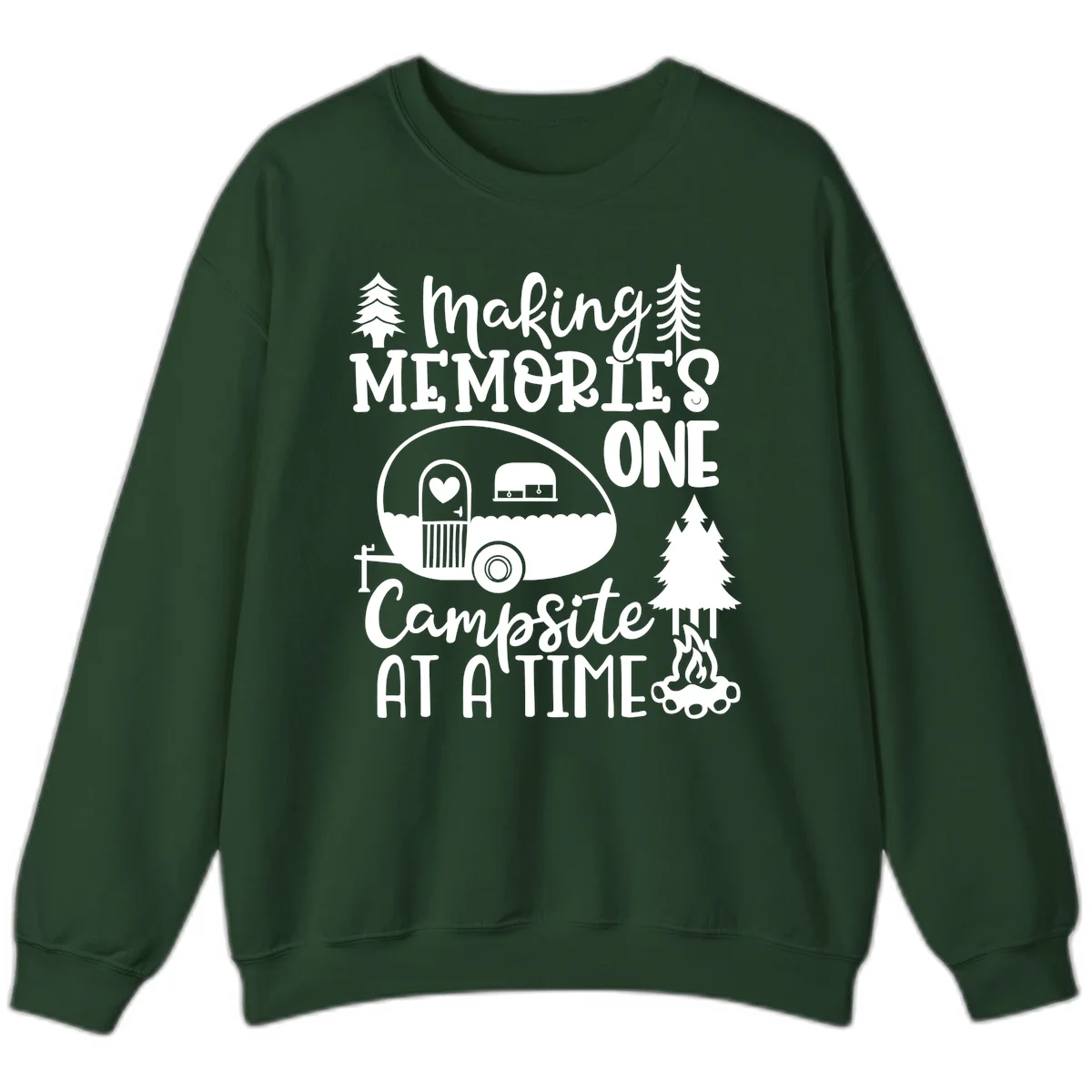 Vintage camper trailer surrounded by pine trees and campfire with 'Making Memories One Campsite At A Time' text in Forest Green
