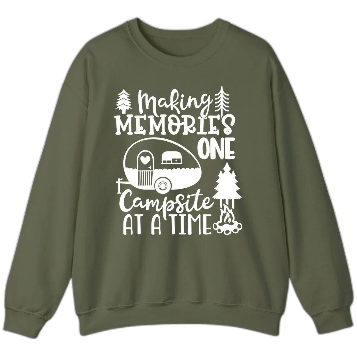 Vintage camper trailer surrounded by pine trees and campfire with 'Making Memories One Campsite At A Time' text in Military Green