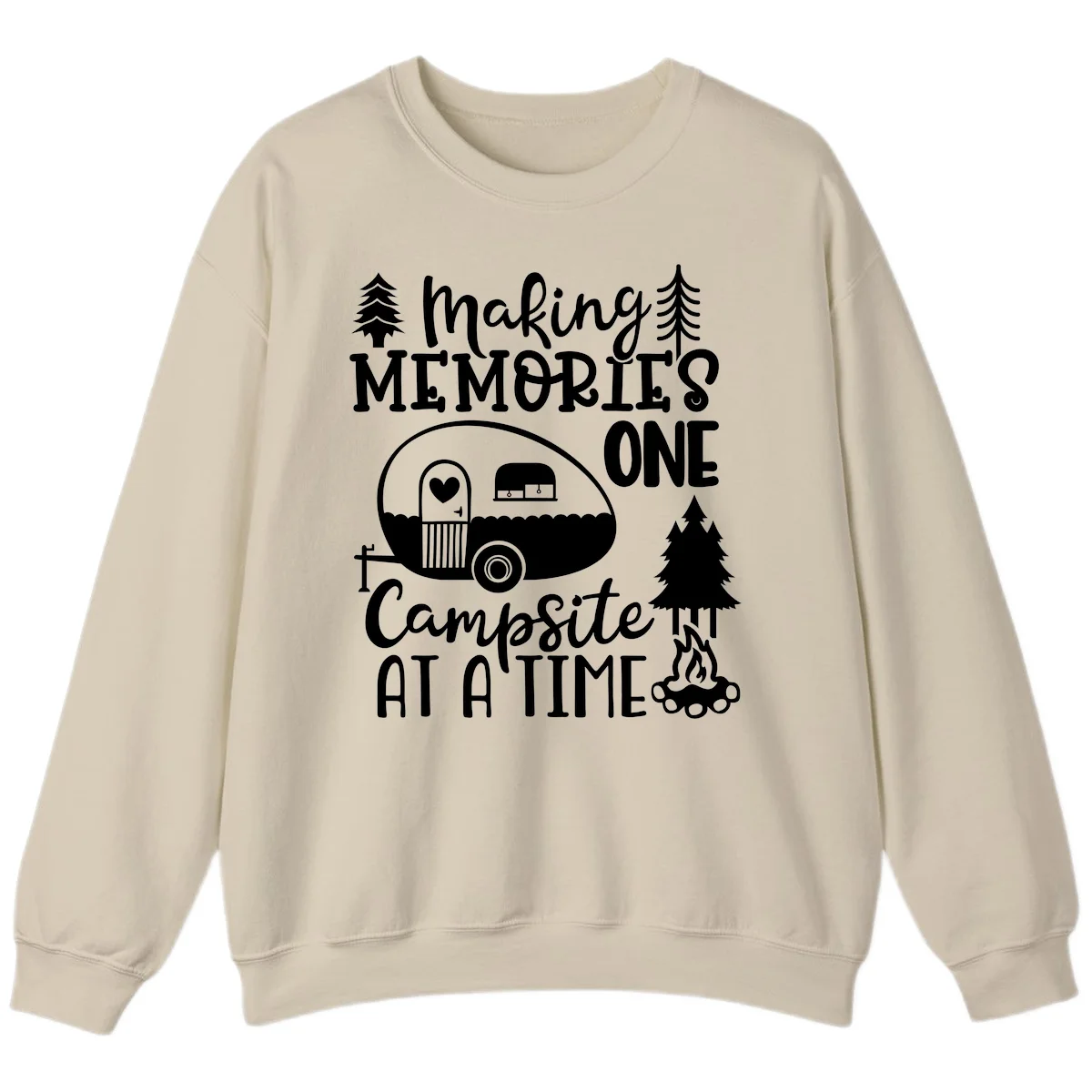 Vintage camper trailer surrounded by pine trees and campfire with 'Making Memories One Campsite At A Time' text in Sand