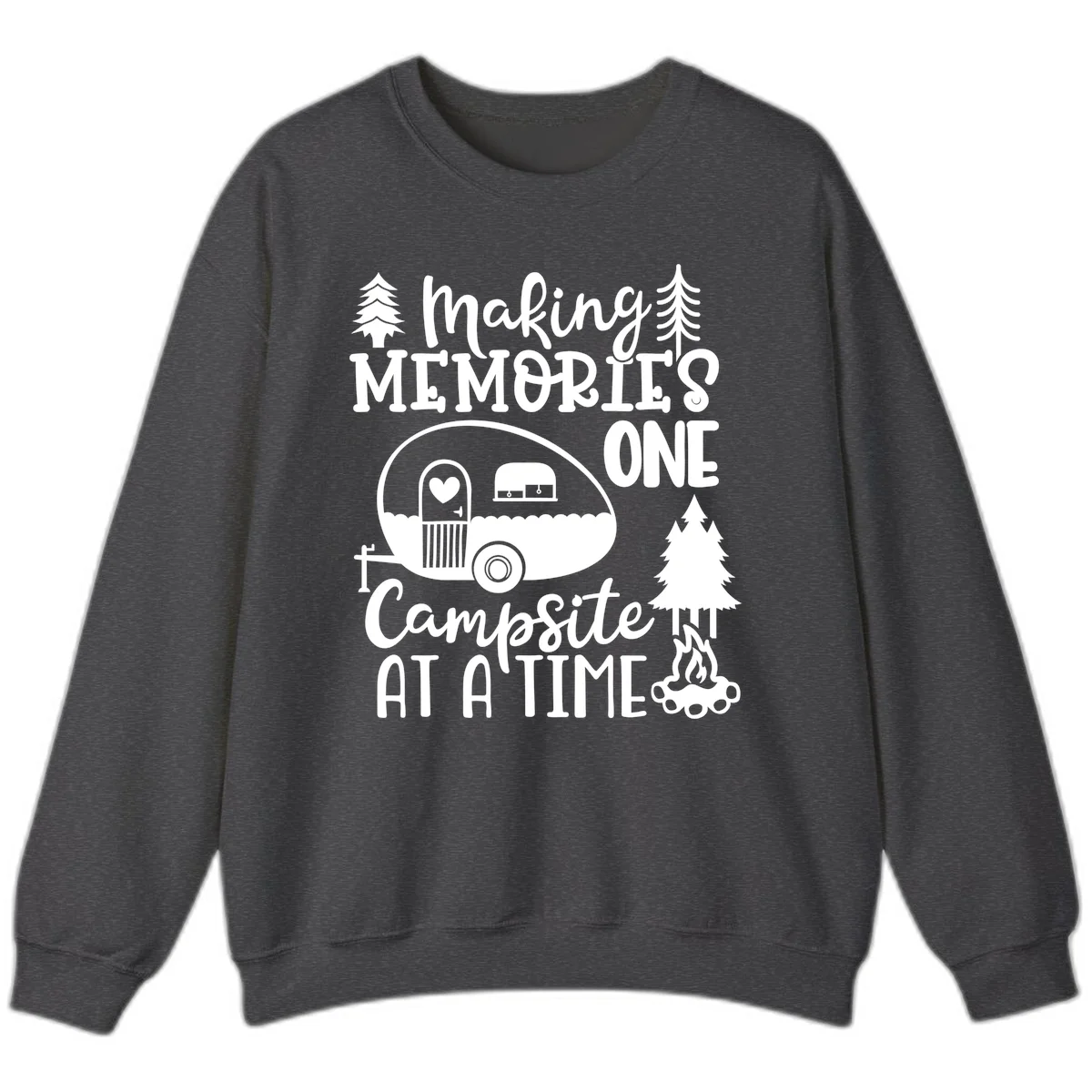 Vintage camper trailer surrounded by pine trees and campfire with 'Making Memories One Campsite At A Time' text in Dark Heather