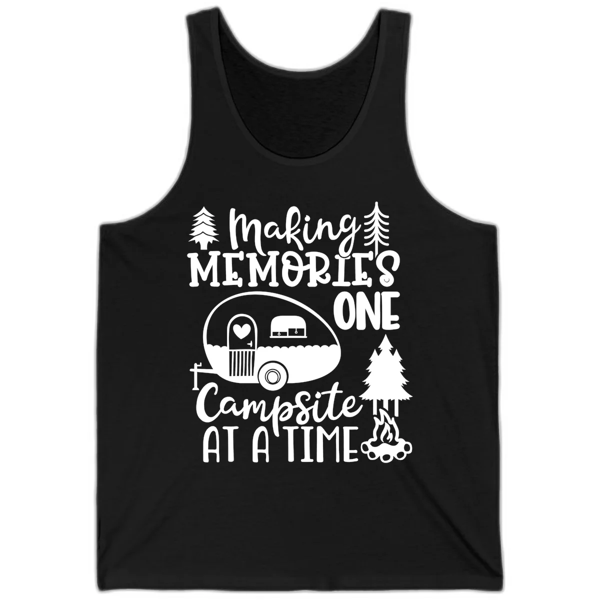 Vintage camper trailer surrounded by pine trees and campfire with 'Making Memories One Campsite At A Time' text in Black