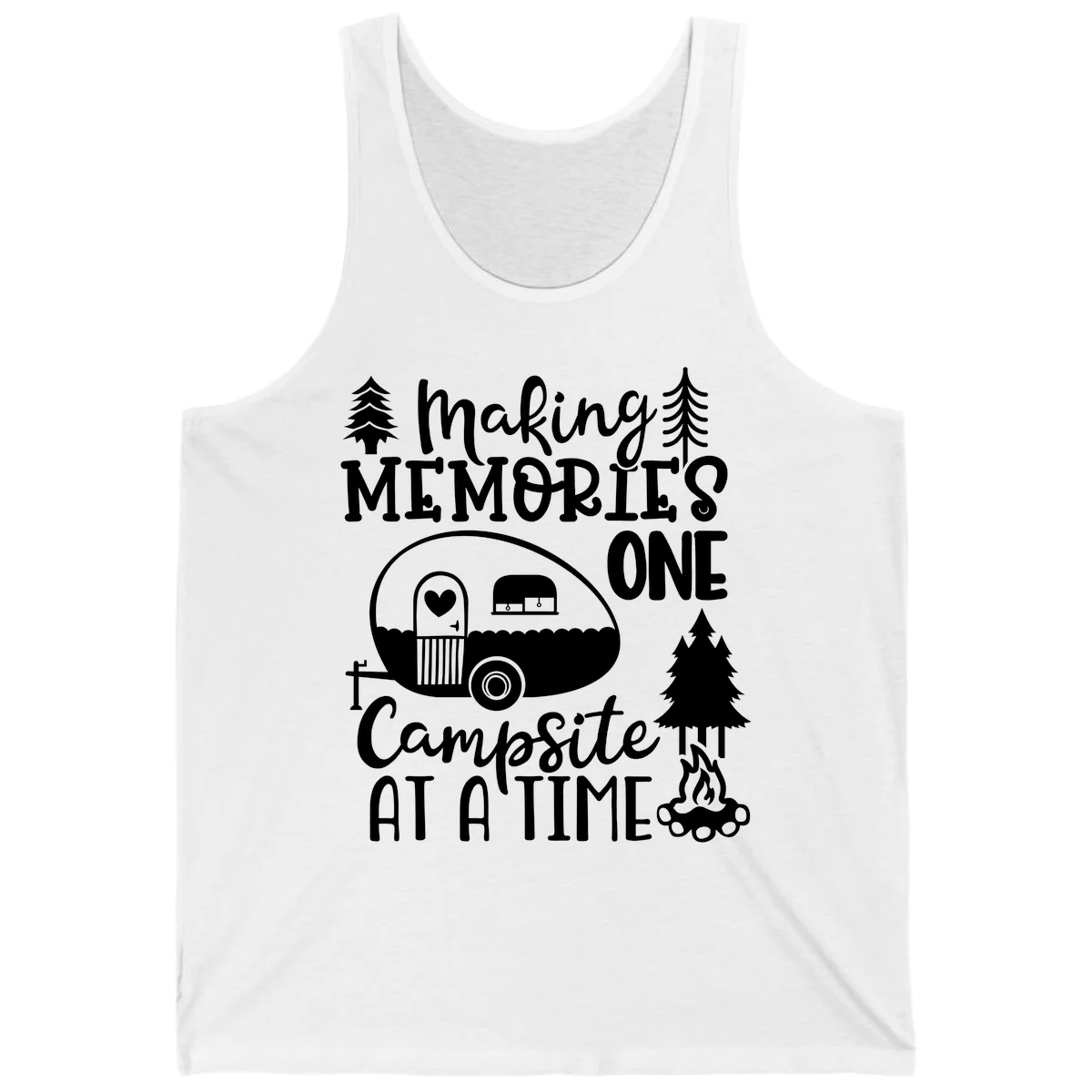 Vintage camper trailer surrounded by pine trees and campfire with 'Making Memories One Campsite At A Time' text in White