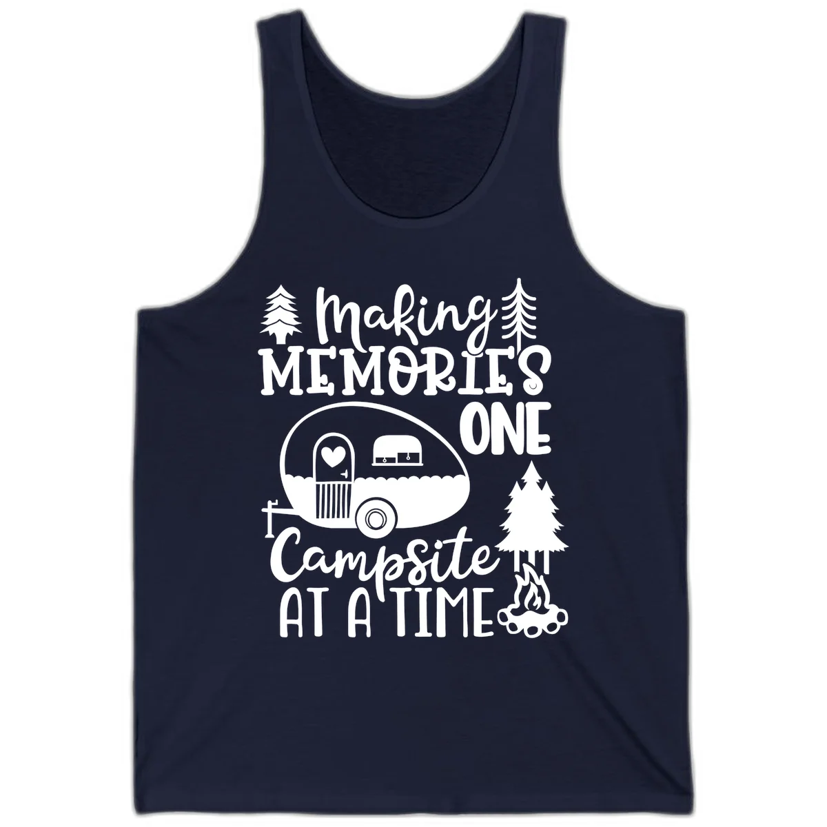 Vintage camper trailer surrounded by pine trees and campfire with 'Making Memories One Campsite At A Time' text in Navy