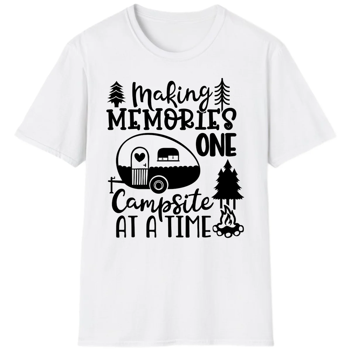 Vintage camper trailer surrounded by pine trees and campfire with 'Making Memories One Campsite At A Time' text in White
