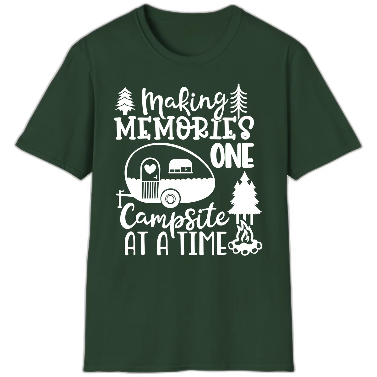 Vintage camper trailer surrounded by pine trees and campfire with 'Making Memories One Campsite At A Time' text in Forest Green