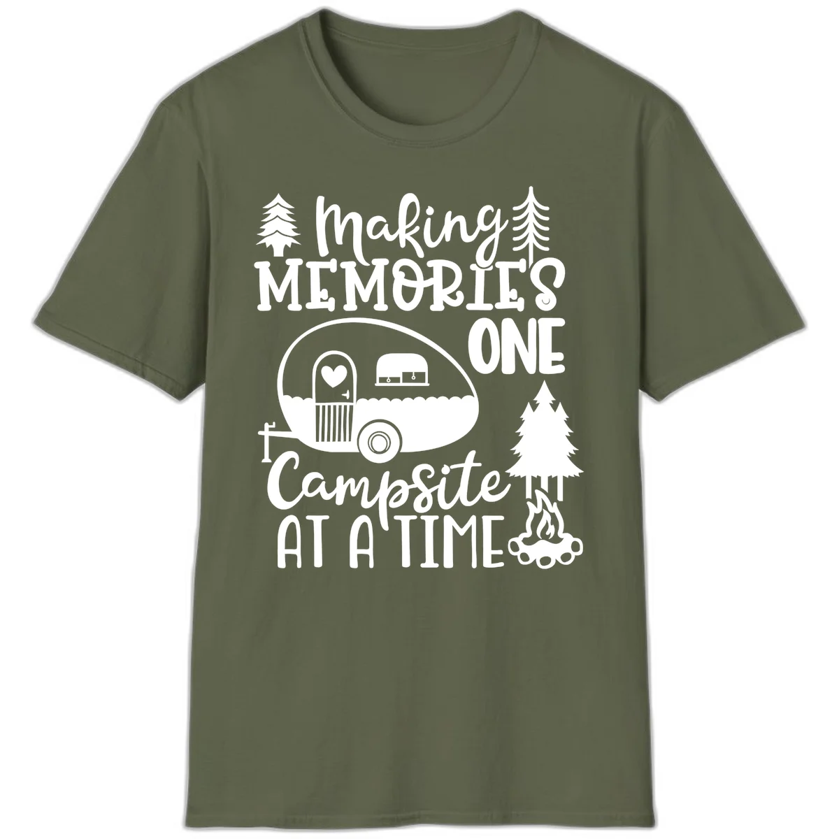 Vintage camper trailer surrounded by pine trees and campfire with 'Making Memories One Campsite At A Time' text in Military Green