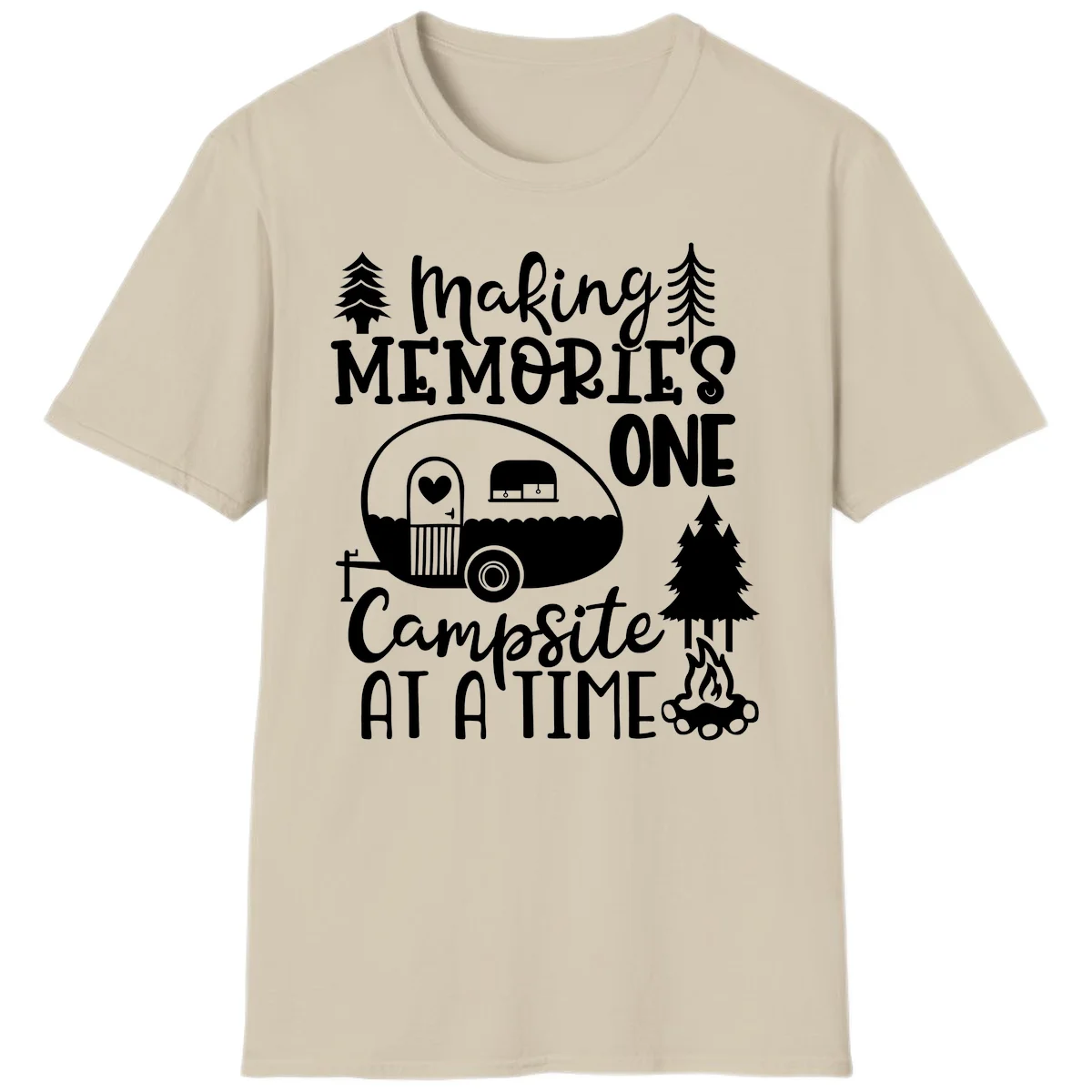 Vintage camper trailer surrounded by pine trees and campfire with 'Making Memories One Campsite At A Time' text in Sand