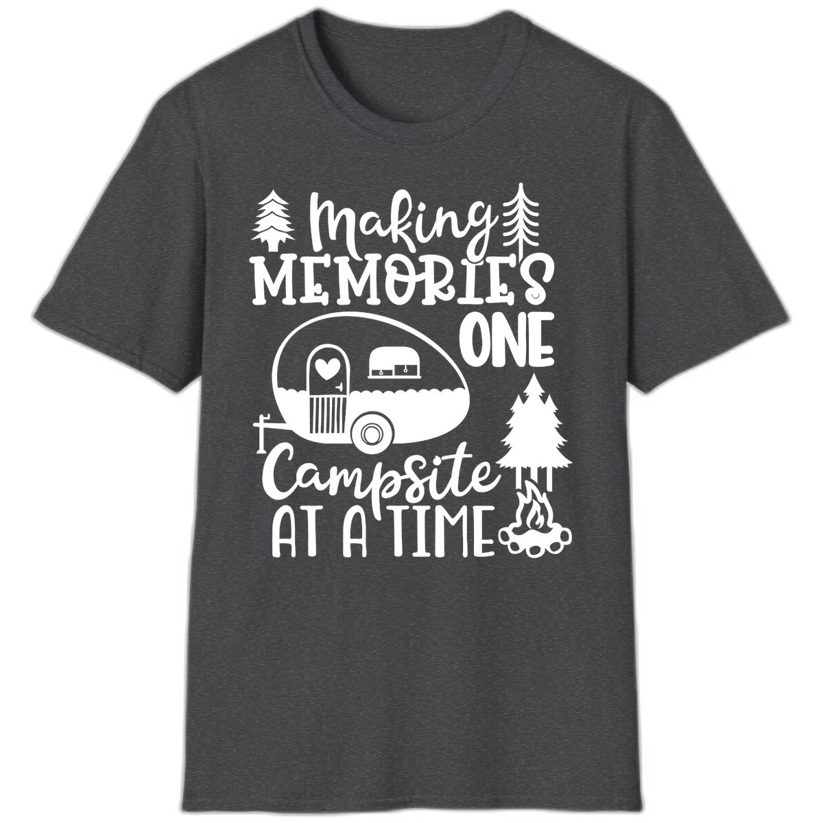 Vintage camper trailer surrounded by pine trees and campfire with 'Making Memories One Campsite At A Time' text in Dark Heather