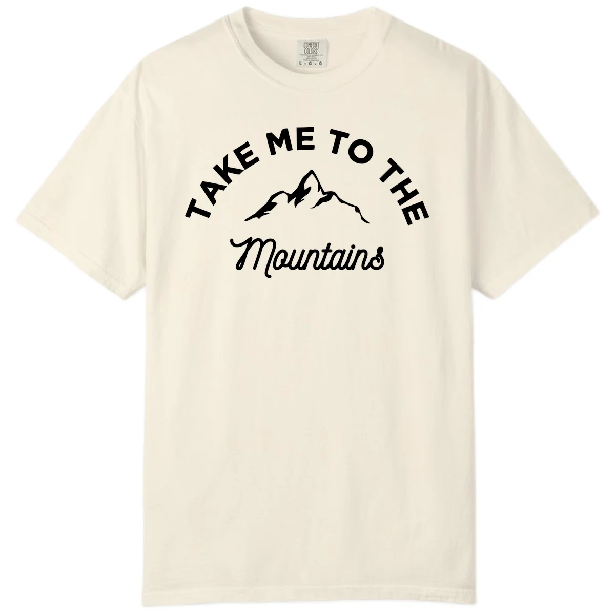 White mountain silhouette with curved text reading 'Take Me To The Mountains' on gray background in Ivory