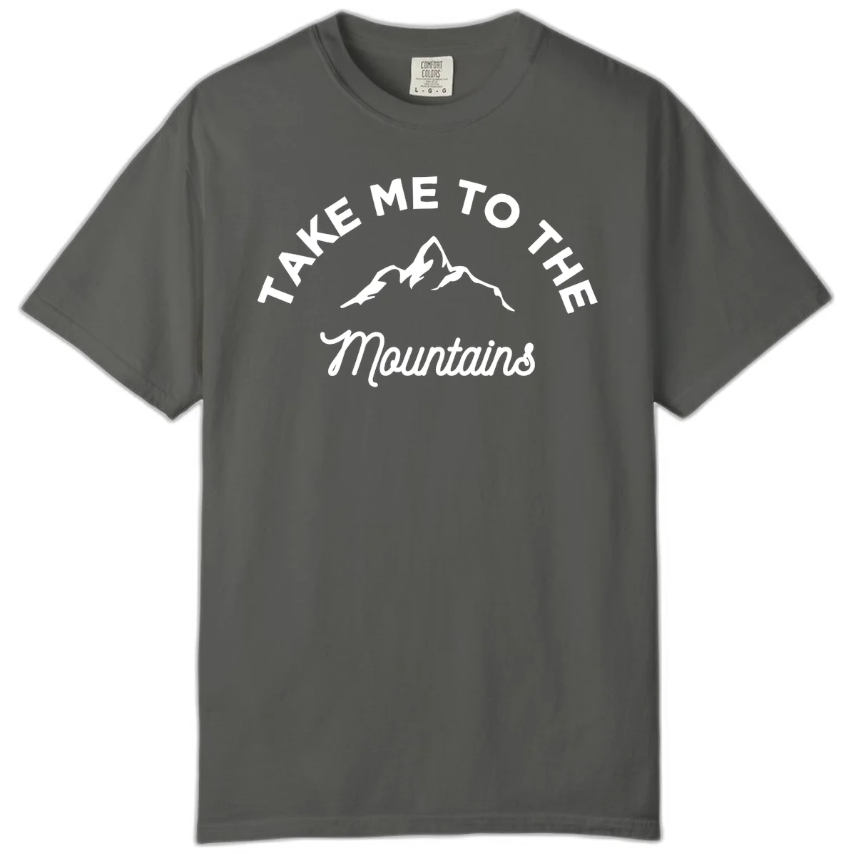 White mountain silhouette with curved text reading 'Take Me To The Mountains' on gray background in Pepper