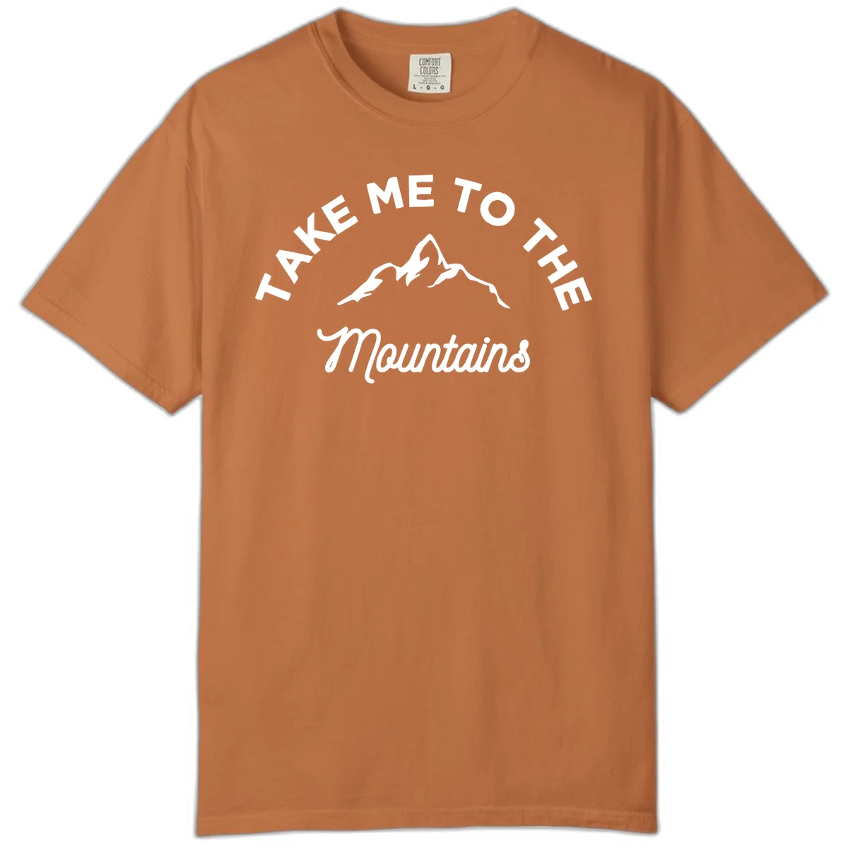 White mountain silhouette with curved text reading 'Take Me To The Mountains' on gray background in Yam
