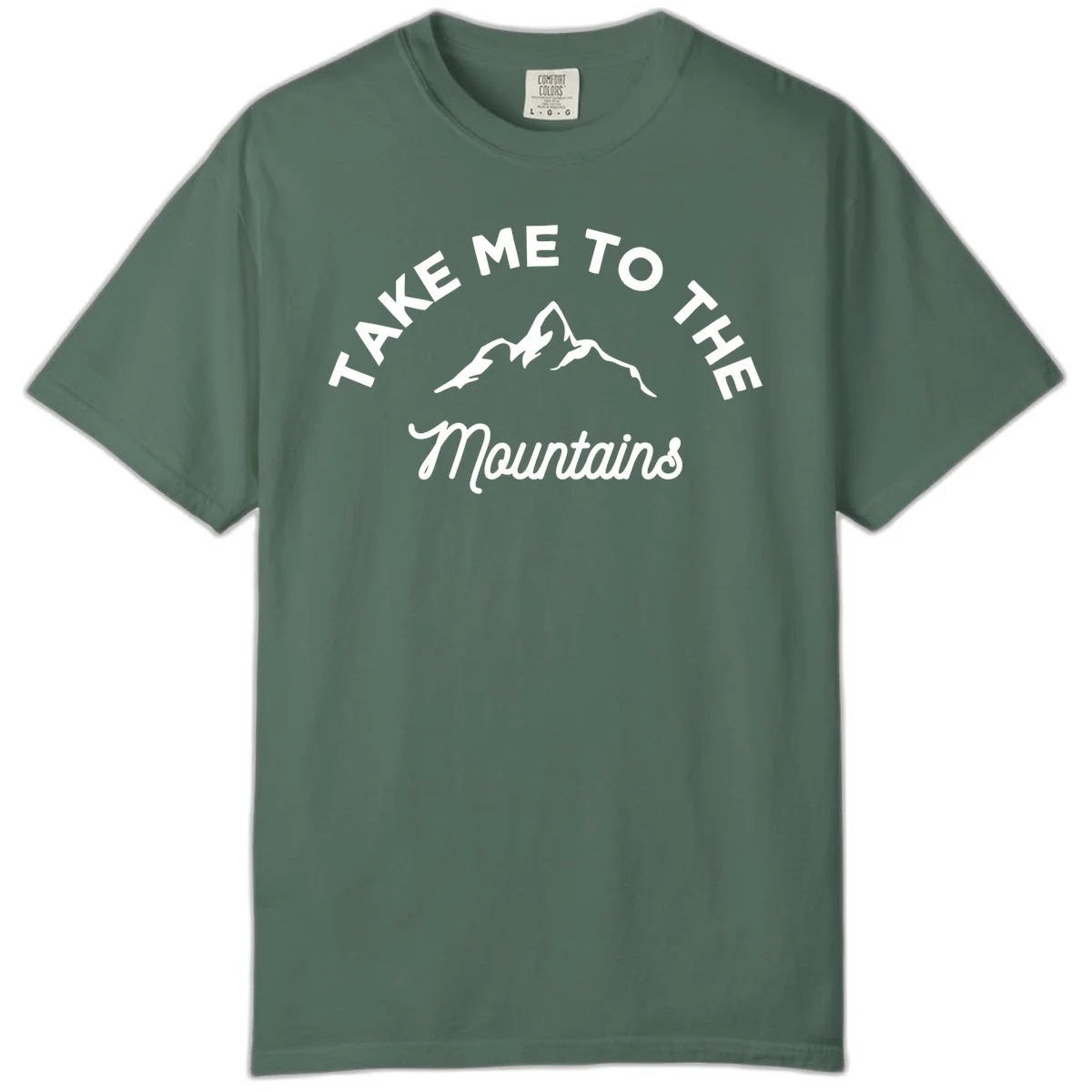 White mountain silhouette with curved text reading 'Take Me To The Mountains' on gray background in Blue Spruce
