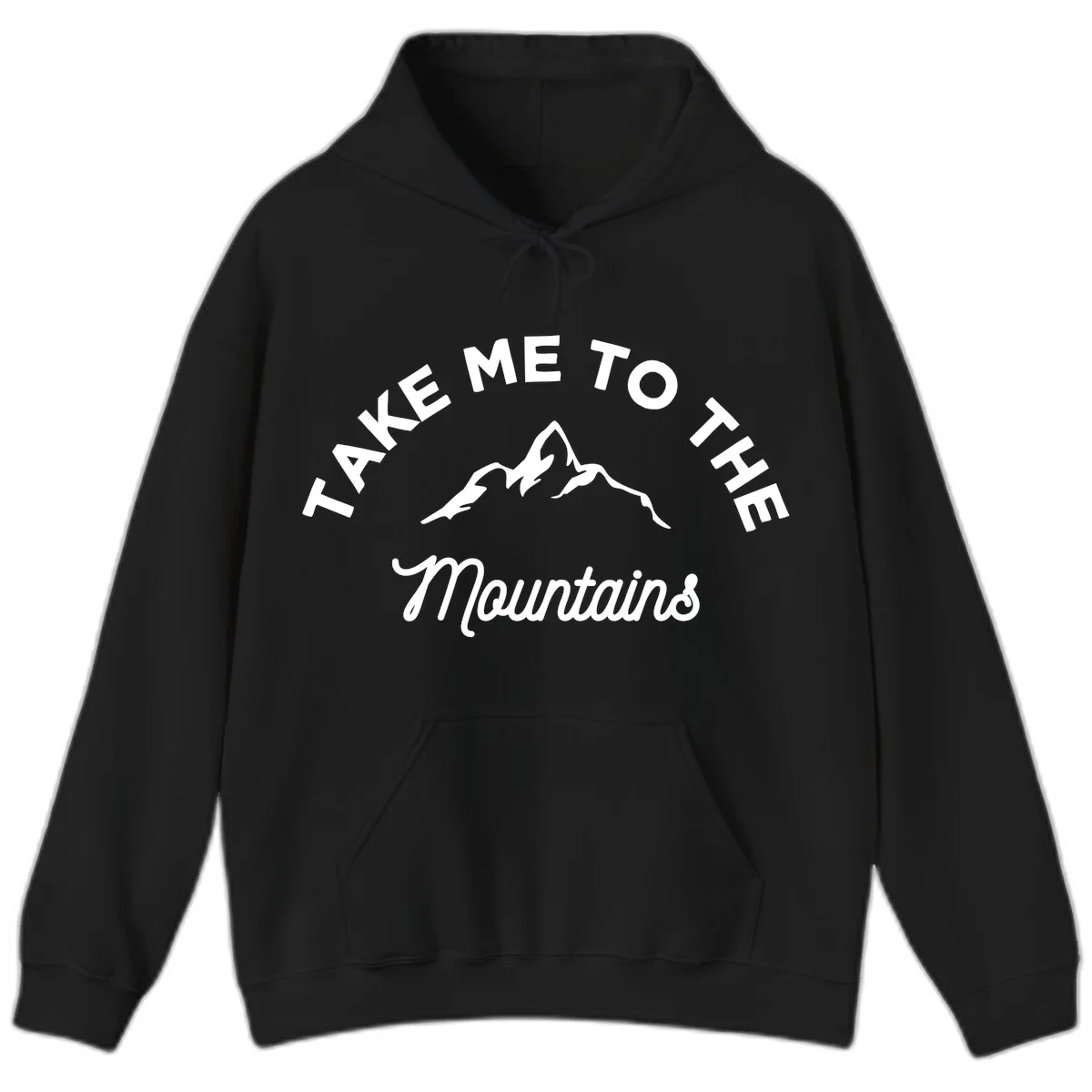 White mountain silhouette with curved text reading 'Take Me To The Mountains' on gray background in Black