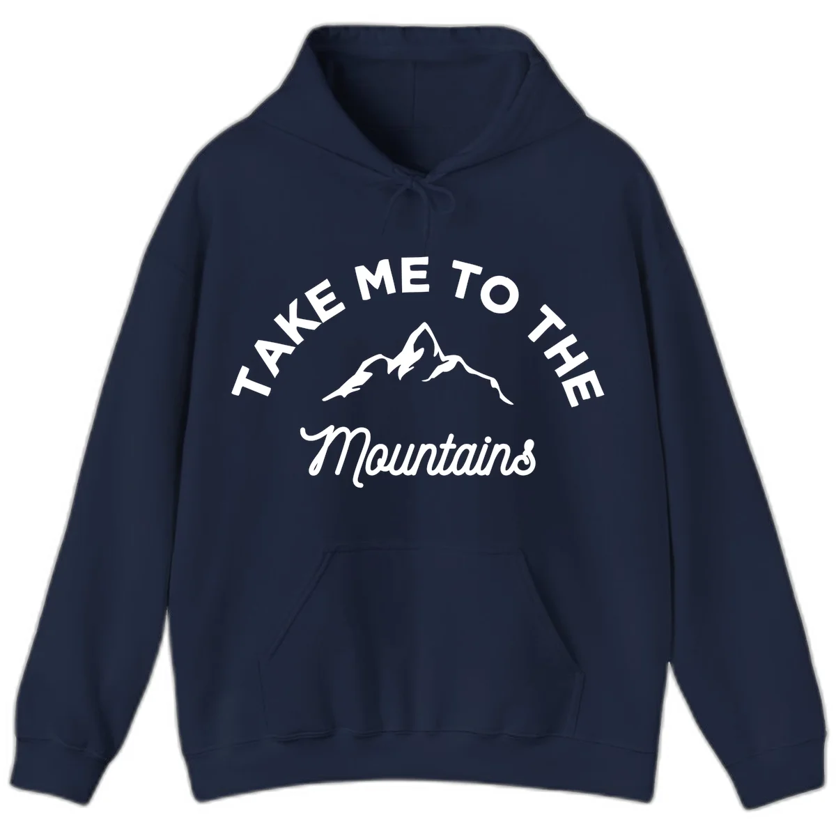 White mountain silhouette with curved text reading 'Take Me To The Mountains' on gray background in Navy
