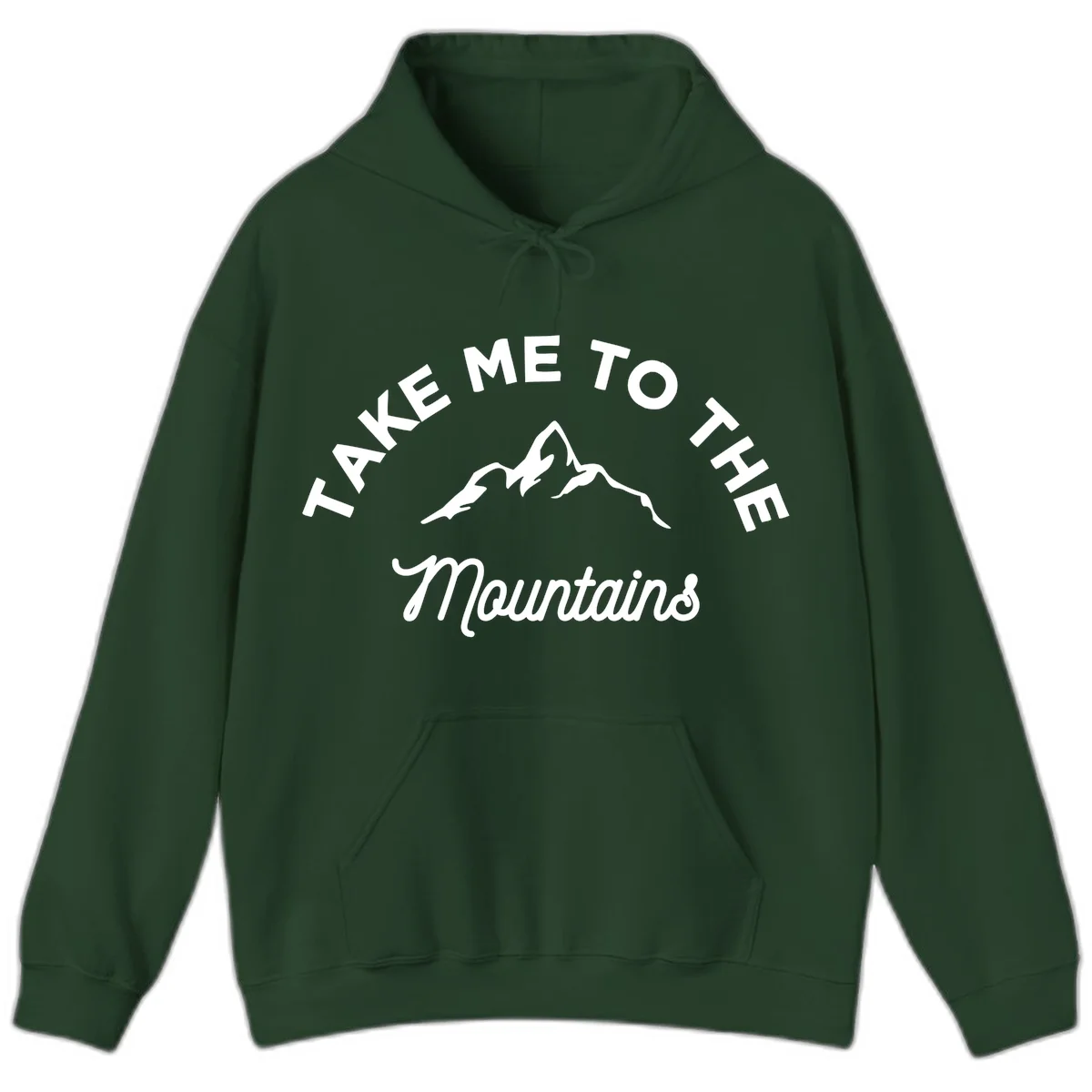 White mountain silhouette with curved text reading 'Take Me To The Mountains' on gray background in Forest Green