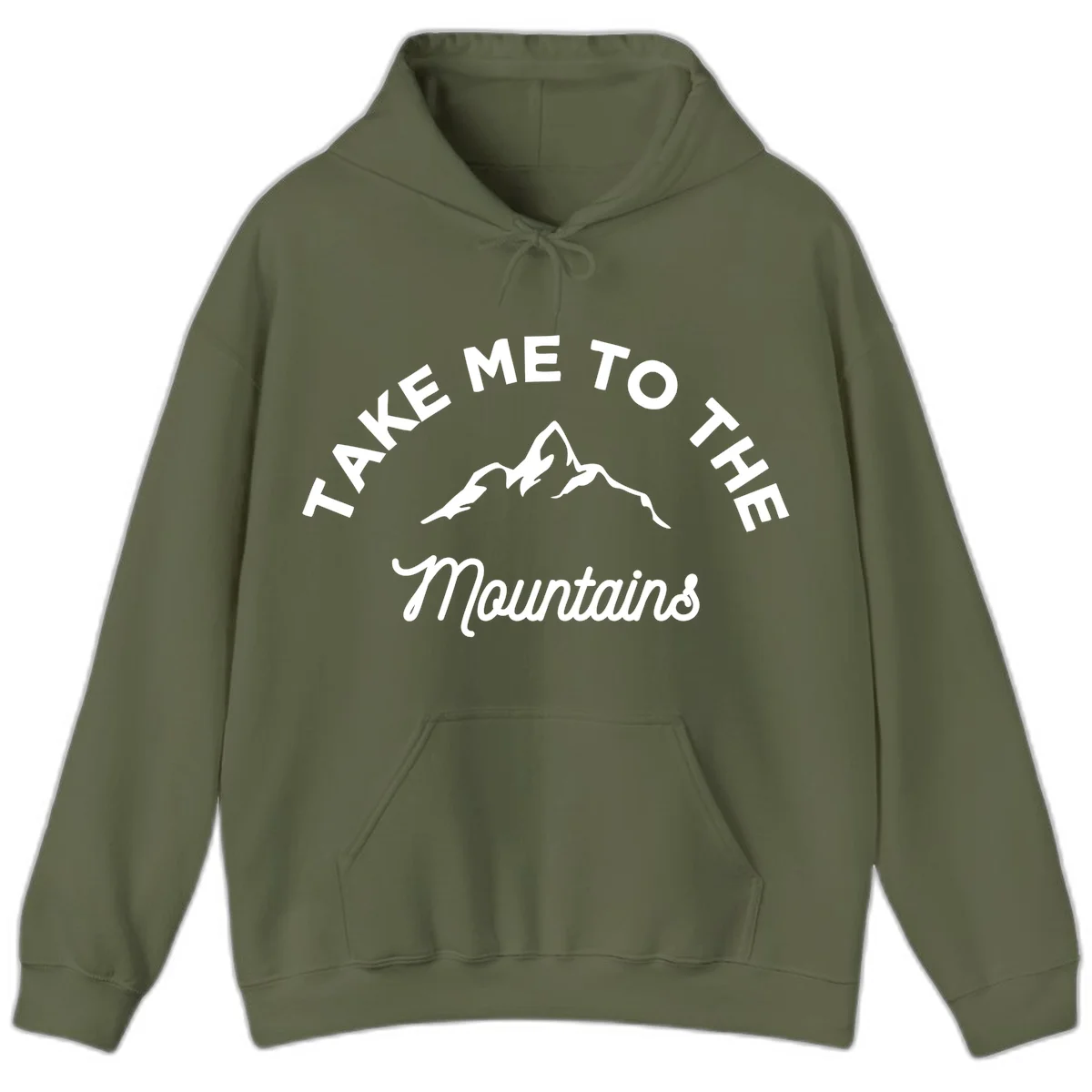White mountain silhouette with curved text reading 'Take Me To The Mountains' on gray background in Military Green