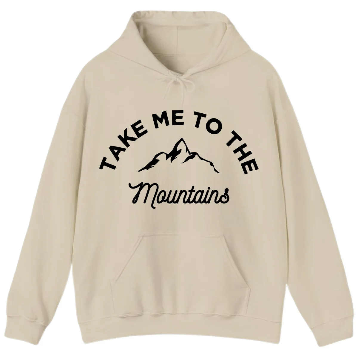 White mountain silhouette with curved text reading 'Take Me To The Mountains' on gray background in Sand