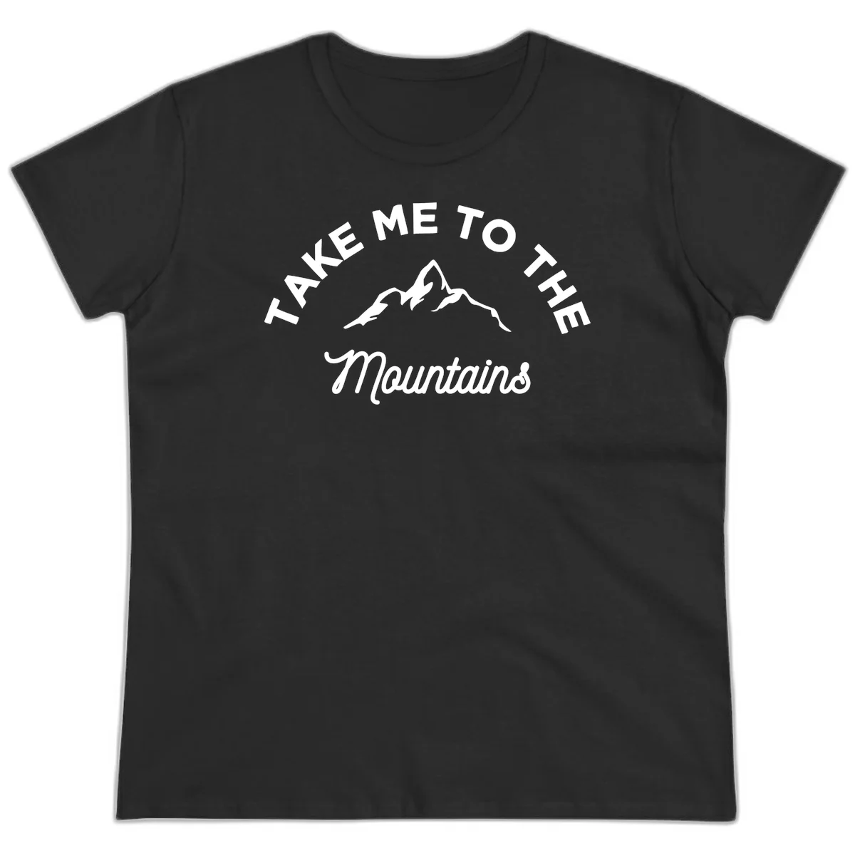 White mountain silhouette with curved text reading 'Take Me To The Mountains' on gray background in Black