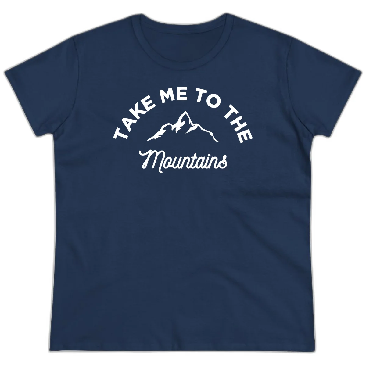White mountain silhouette with curved text reading 'Take Me To The Mountains' on gray background in Navy