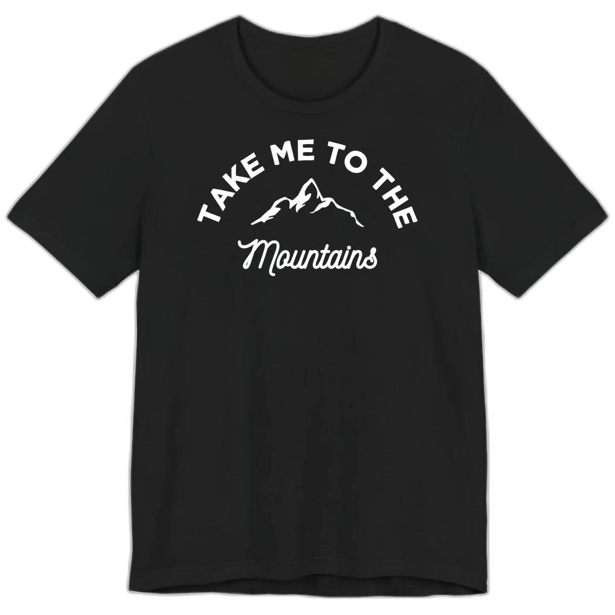 White mountain silhouette with curved text reading 'Take Me To The Mountains' on gray background in Black