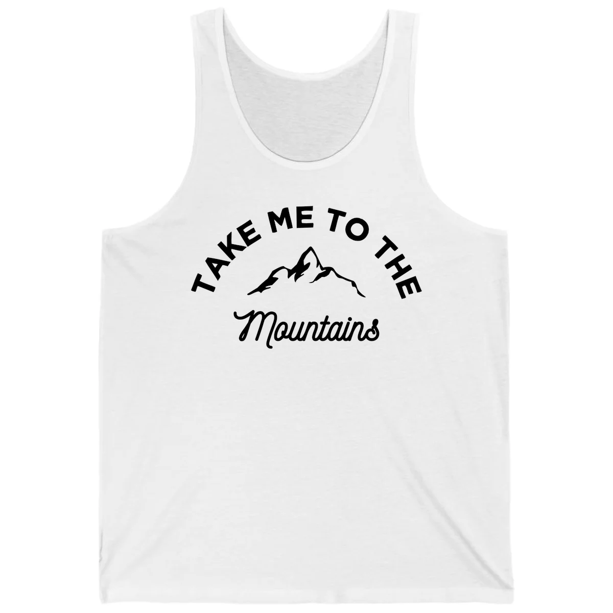 White mountain silhouette with curved text reading 'Take Me To The Mountains' on gray background in White