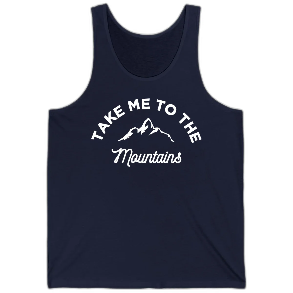 White mountain silhouette with curved text reading 'Take Me To The Mountains' on gray background in Navy
