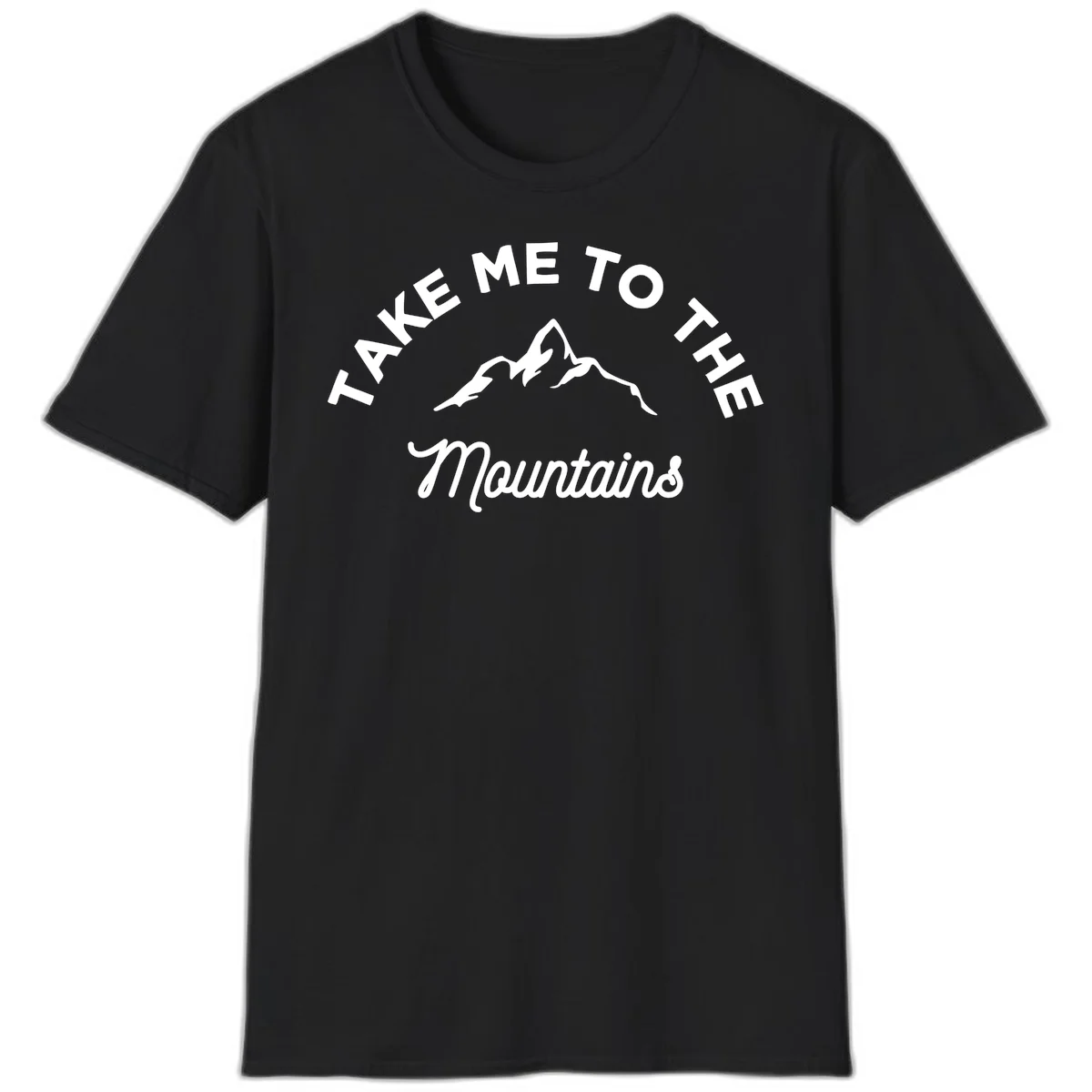 White mountain silhouette with curved text reading 'Take Me To The Mountains' on gray background in Black