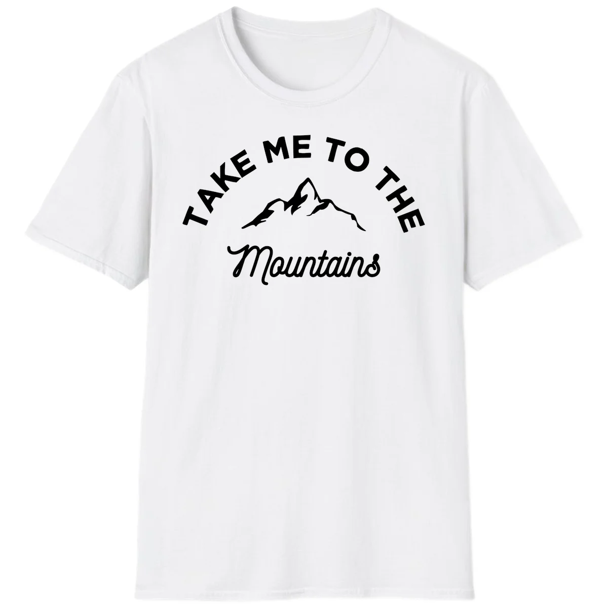 White mountain silhouette with curved text reading 'Take Me To The Mountains' on gray background in White