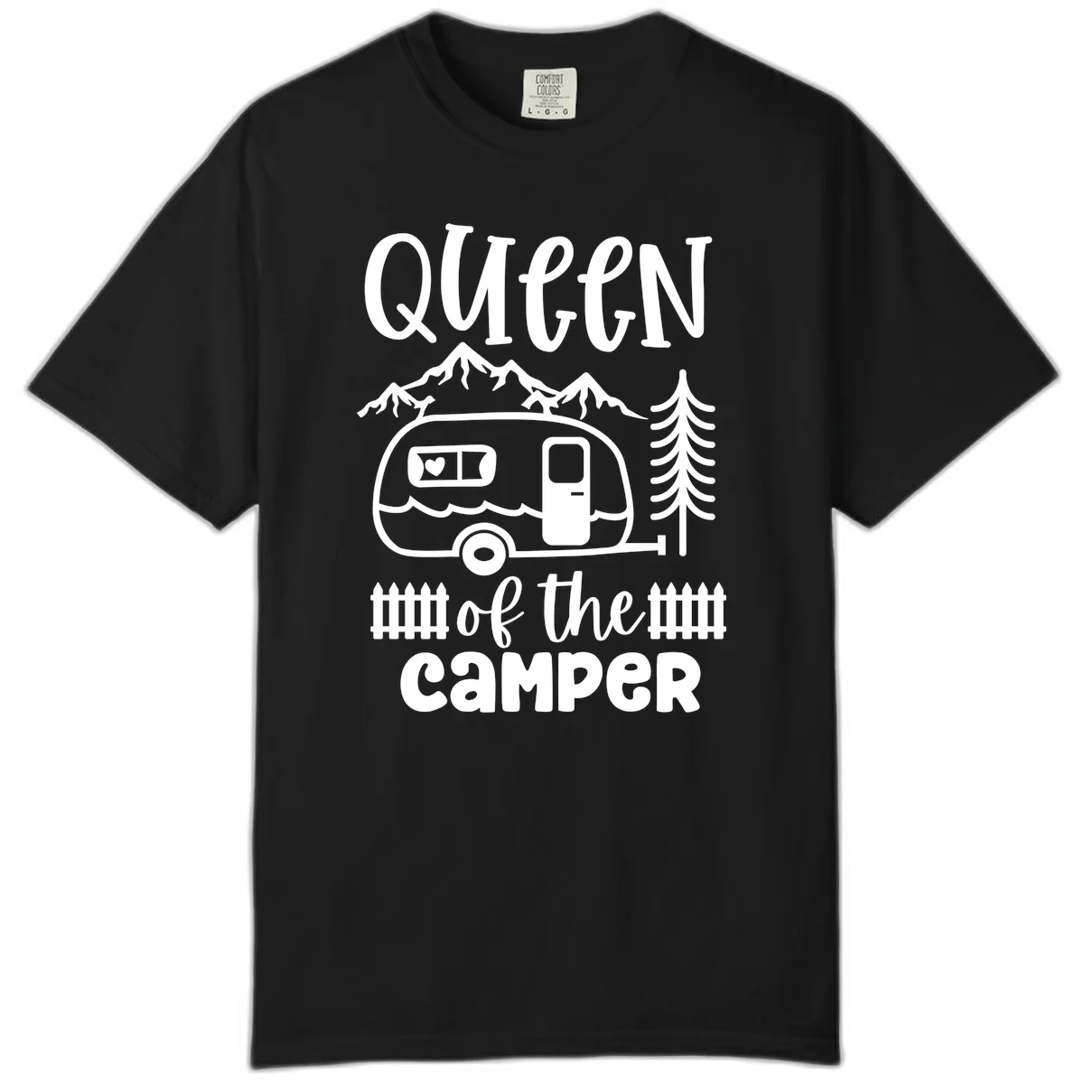 Queen of the Camper design featuring vintage trailer, mountains, and evergreen trees with bold text in Black