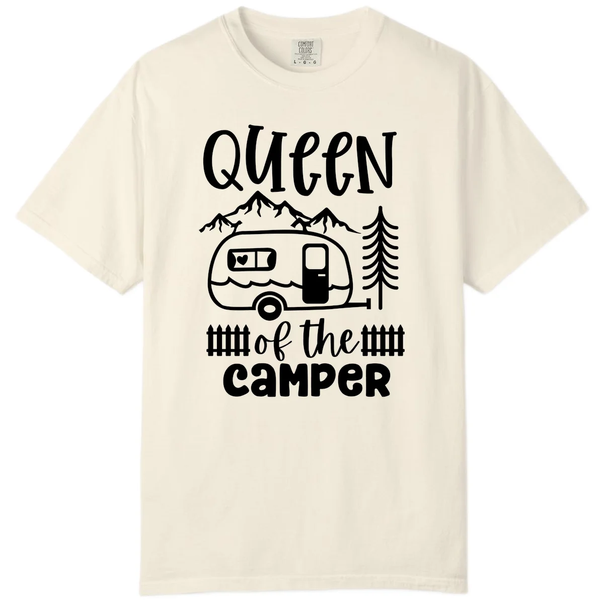 Queen of the Camper design featuring vintage trailer, mountains, and evergreen trees with bold text in Ivory