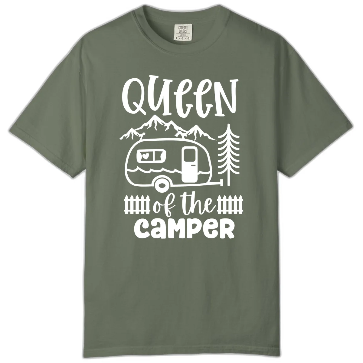 Queen of the Camper design featuring vintage trailer, mountains, and evergreen trees with bold text in Moss