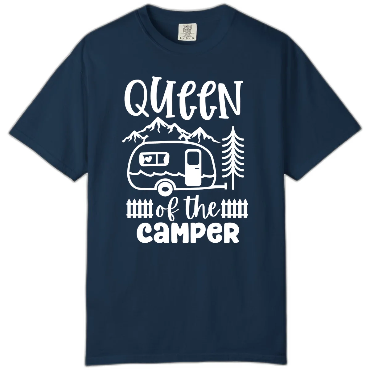 Queen of the Camper design featuring vintage trailer, mountains, and evergreen trees with bold text in True Navy