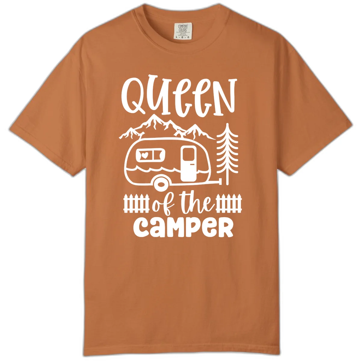 Queen of the Camper design featuring vintage trailer, mountains, and evergreen trees with bold text in Yam
