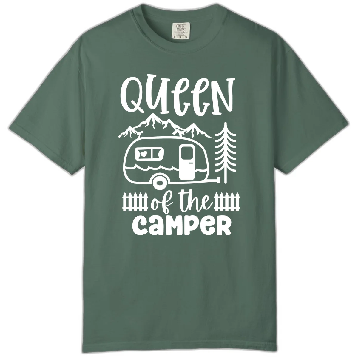 Queen of the Camper design featuring vintage trailer, mountains, and evergreen trees with bold text in Blue Spruce